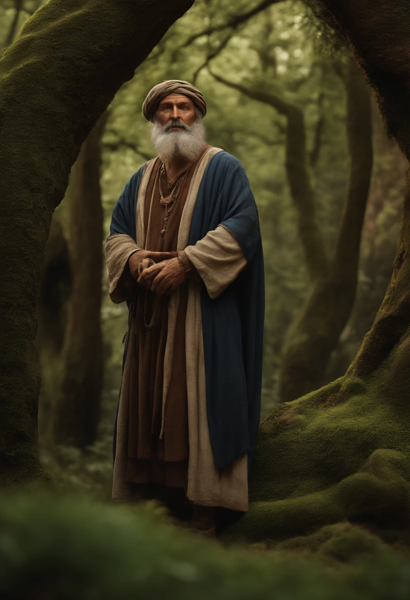 (best quality,4k,8k,highres,masterpiece:1.2),ultra-detailed,(realistic,photorealistic,photo-realistic:1.37),50-year-old man with a full-length tunic, blue clothing, lived 10,000 years ago, ancient civilization, ancient storyteller, long beard, wise expression, weathered face, mystical atmosphere, ancient ruins, soft natural lighting, aged parchment, ancient script, sacred symbols, ancient artifacts, mysterious shadows, moss-covered stones, lush greenery, time-traveler, lost knowledge, faded memories, mythical journey, ancient wisdom, historical time period