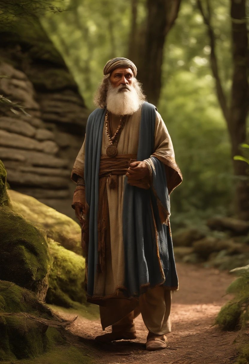 (best quality,4k,8k,highres,masterpiece:1.2),ultra-detailed,(realistic,photorealistic,photo-realistic:1.37),50-year-old man with a full-length tunic, blue clothing, lived 10,000 years ago, ancient civilization, ancient storyteller, long beard, wise expression, weathered face, mystical atmosphere, ancient ruins, soft natural lighting, aged parchment, ancient script, sacred symbols, ancient artifacts, mysterious shadows, moss-covered stones, lush greenery, time-traveler, lost knowledge, faded memories, mythical journey, ancient wisdom, historical time period