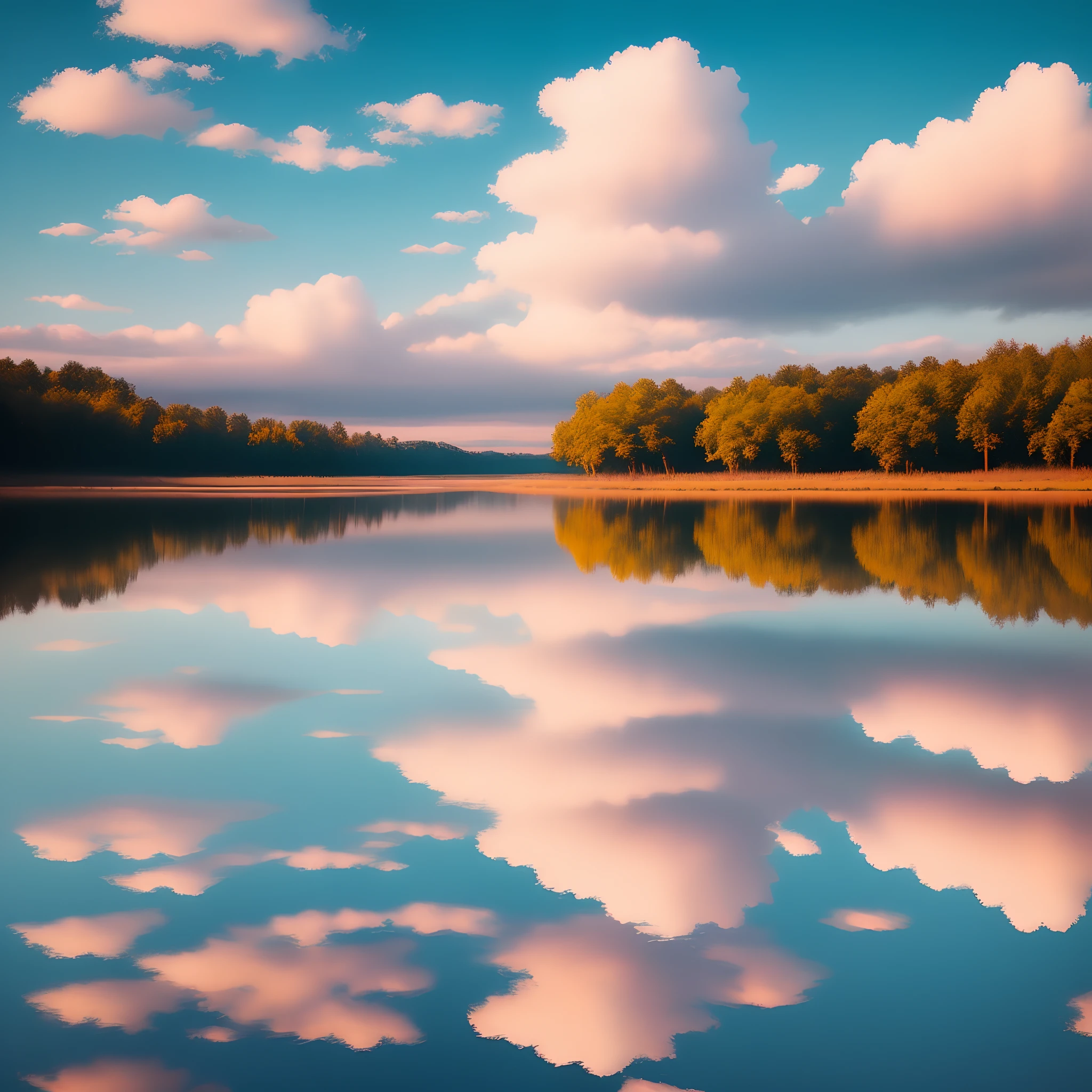 A serene landscape of soft, pastel-hued clouds reflecting on a glassy, mirror-like surface.
