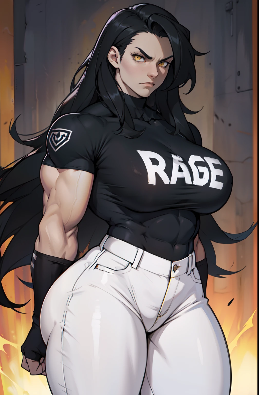 pale skin solo 1 girl black hair yellow eyes angry very long hair dark atmosphere (huge breasts bodybuilder toned body muscular) tight shirt tight pants curvy thick thighs