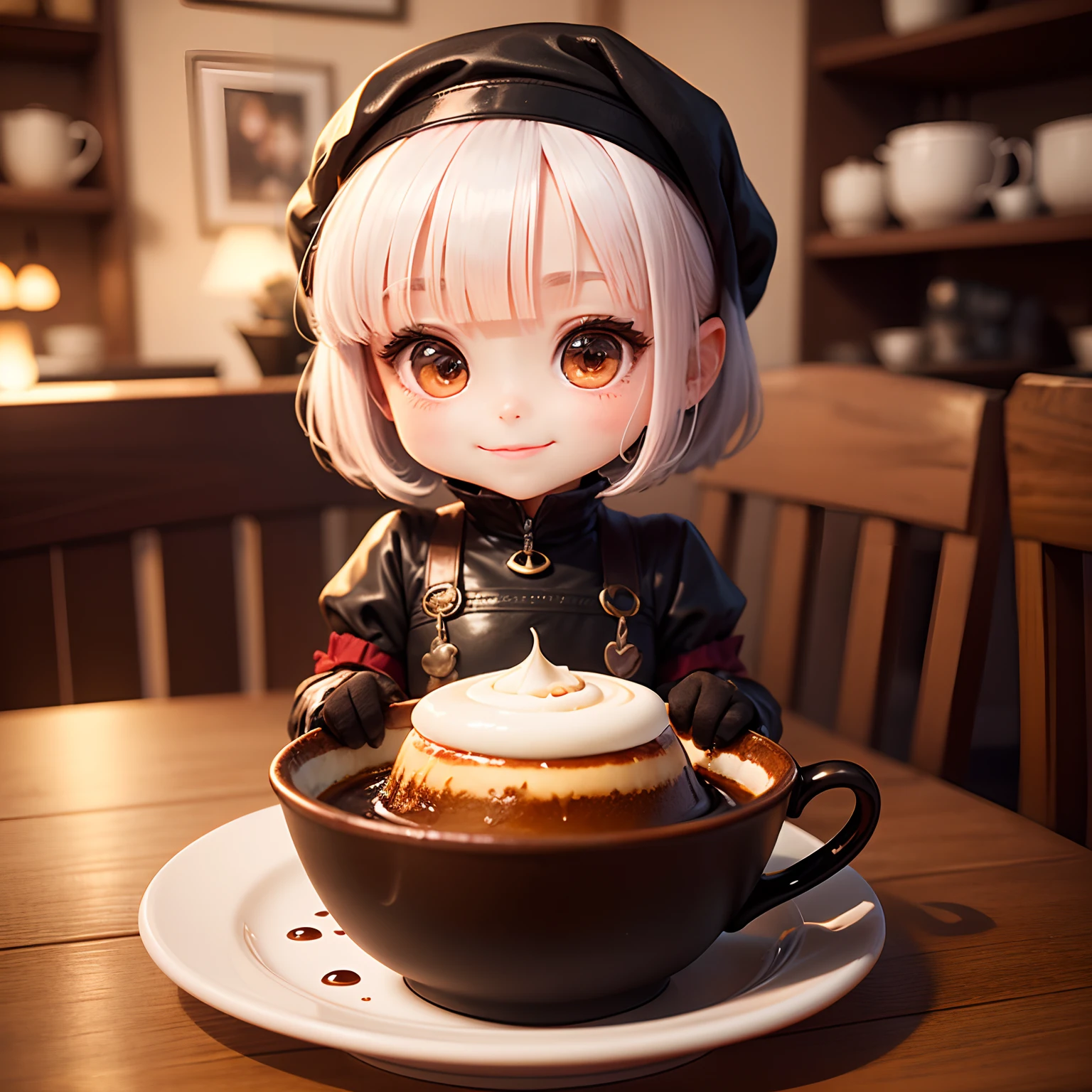 masterpiece、top-quality、ultra-detailliert、(Chibi Chara's Daughter:1.2)、White Bob、wraith、Custard pudding🍮、Dessert Set Menu、Inside a fairytale coffee shop、A smile