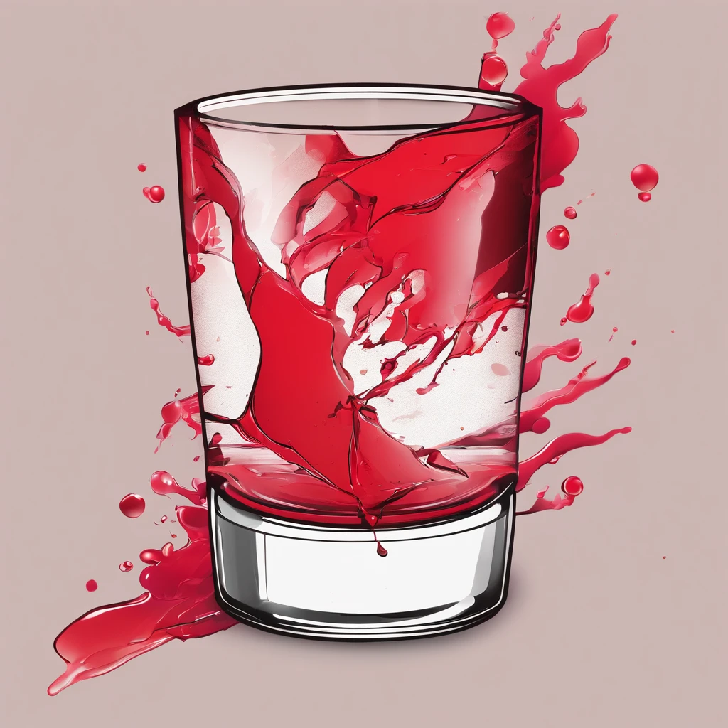 company logo, red, round, 1 cartoon shot glass, overflowing with red liquid, no words on shot glass, vibrant colors,