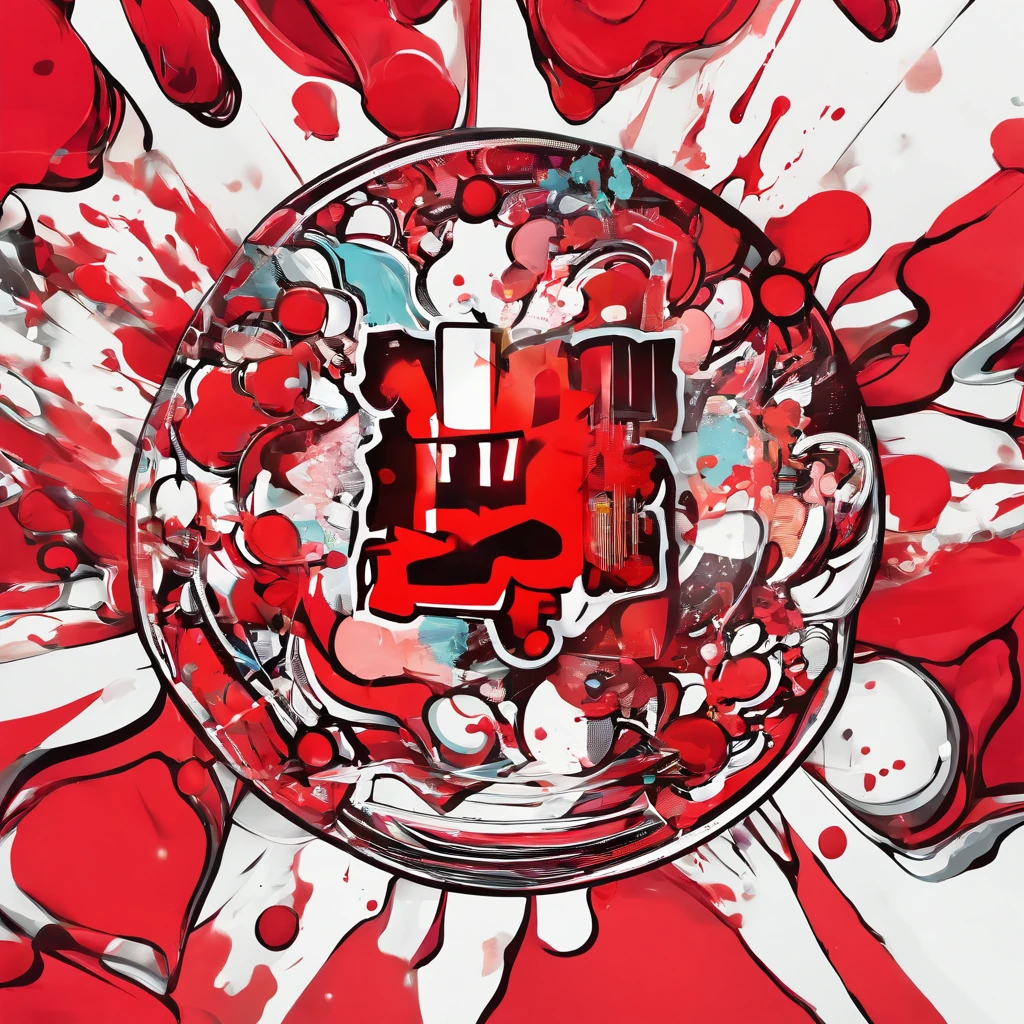 company logo, red, round, 1 cartoon shot glass, overflowing with red liquid, no words on shot glass, vibrant colors,