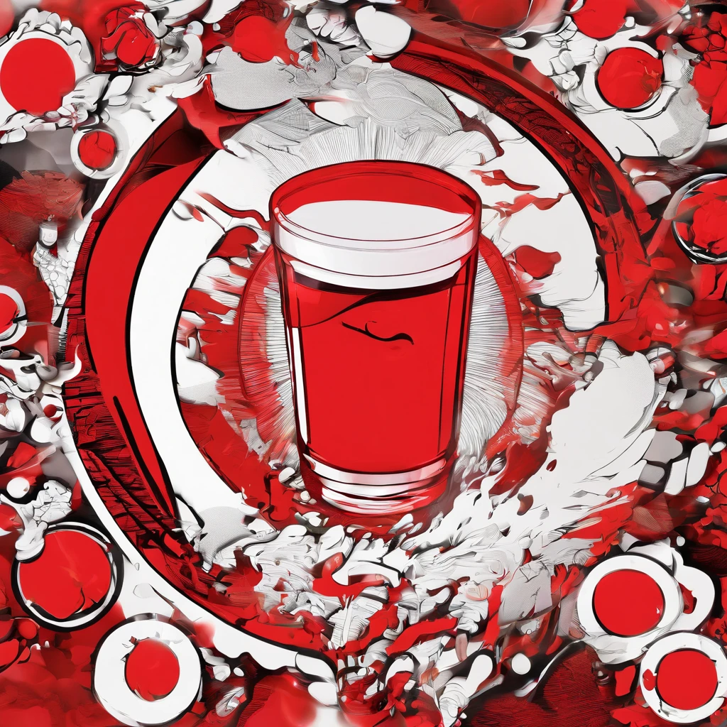 company logo, red, round, 1 cartoon shot glass, overflowing with red liquid, no words on shot glass, vibrant colors,