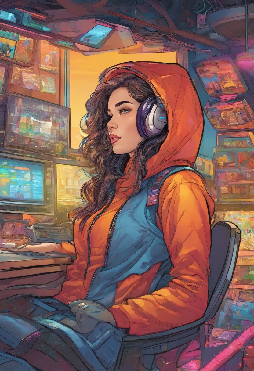 A digital window floating in cyber space and an operator woman sitting on a chair floating in space, operating the window floating around her. A beautiful face and brightly colored shining eyes. She wears a fancy hoodie. The lights of the digital window faintly illuminate the dark electronic space. The painting is detailed and well-drawn. Vivid colors. High image quality.