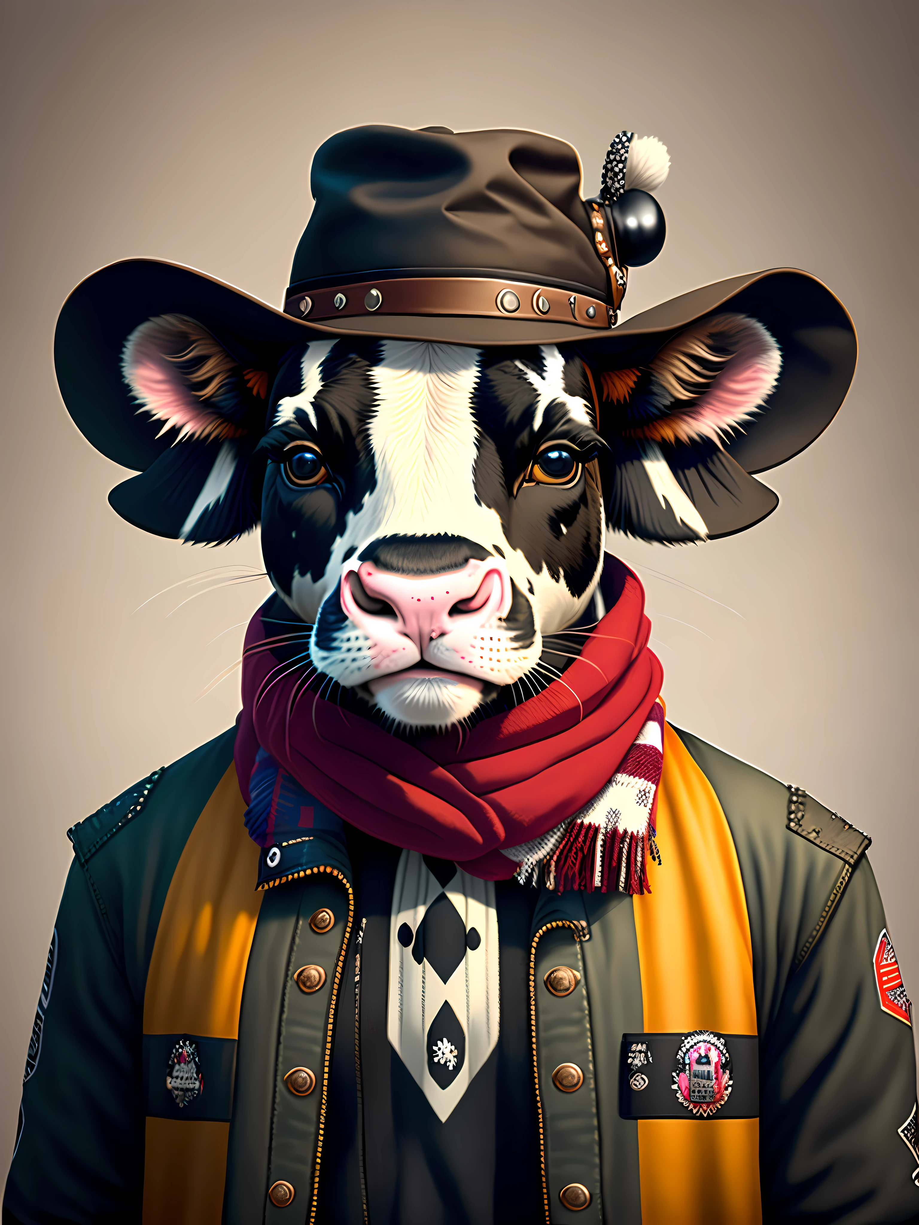 Image of a cow in a hat and scarf, trends in the art station, dressed in punk clothing, Ultra-realistic detail rendering, British gang member, Urban style, intimidating pose, Cattle Planet, Fashion clothes, Urban Samurai, meow, West Slavic traits, 8 1 5