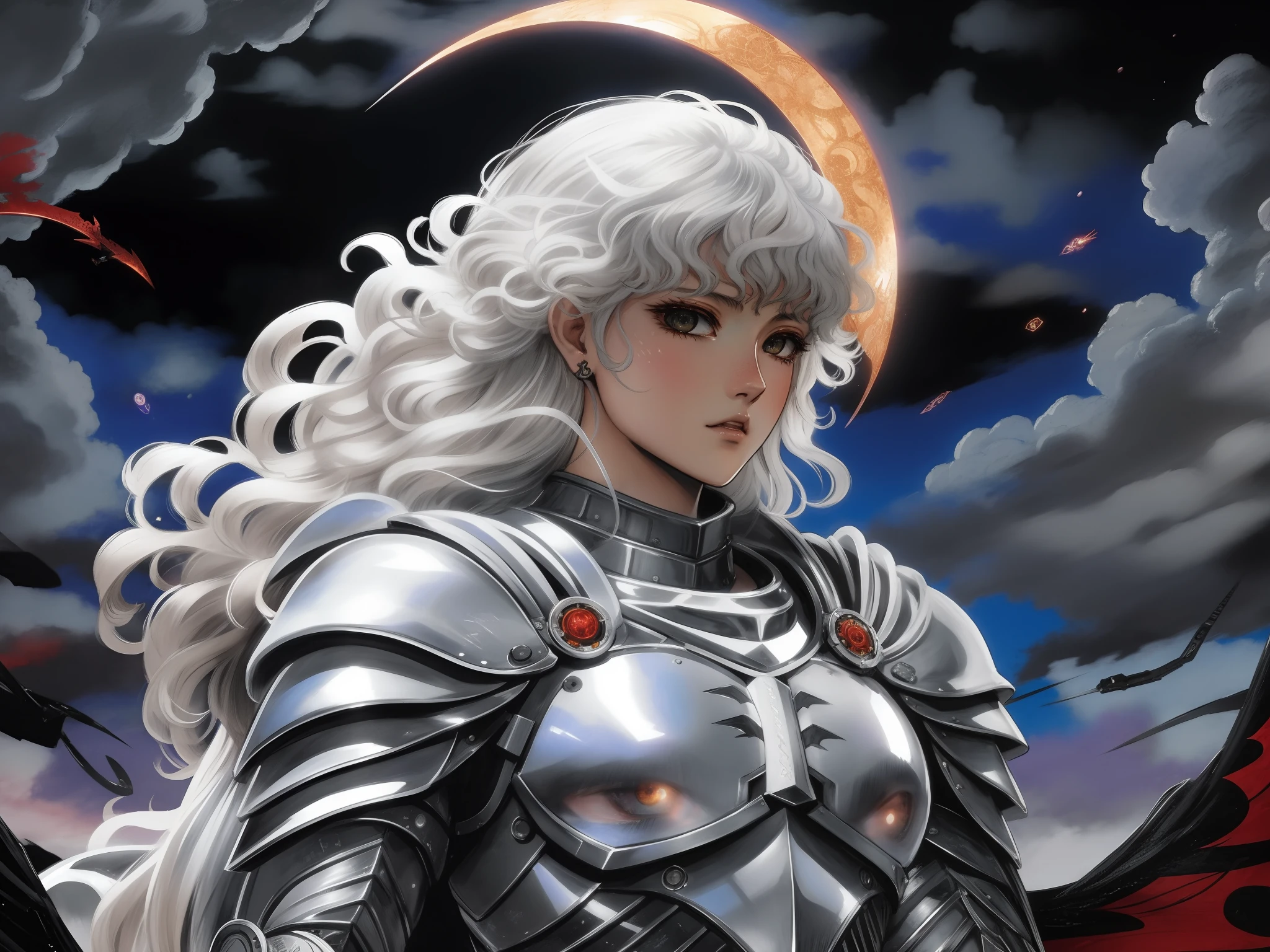 Imagem de uma mulher em armadura com uma lua cheia ao fundo, Griffith, Berserk, Griffith, de Furioso, Estilo de arte Berserk, Furious manga, em Berserk Manga, Estilo Berserk, Furioso, sangue de Furioso, Bastien Yoshitaka Amano, Yoshitaka Amano Fotorrealista