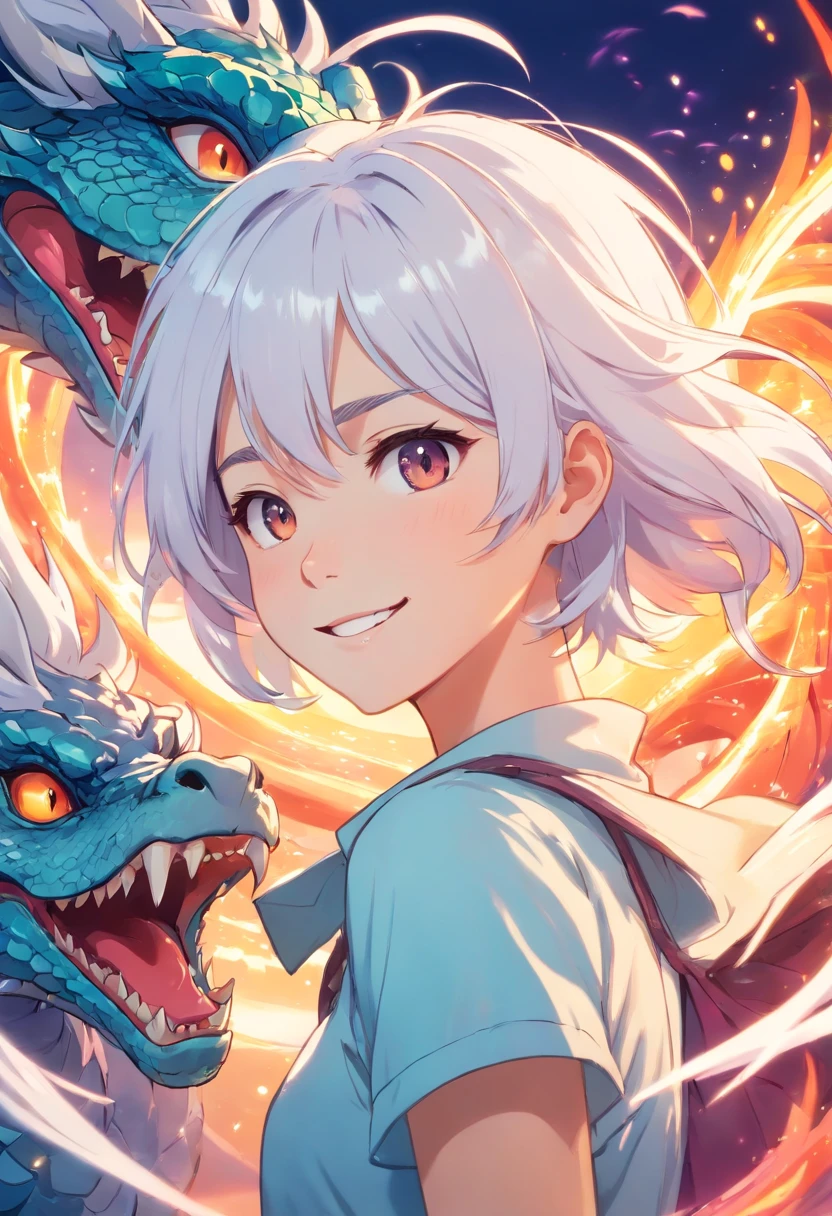 White-haired and white-eyed ager with psychedelic smile and tattoo of a dragon running from her neck to her forehead