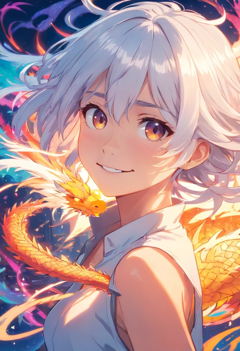 White-haired and white-eyed teenager with psychedelic smile and tattoo of a dragon running from her neck to her forehead