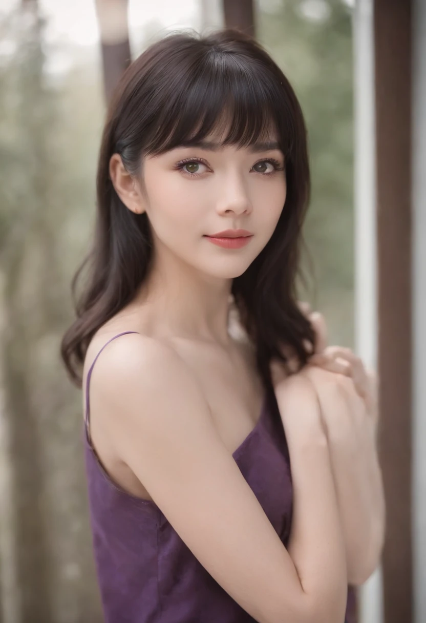 Shoulder length Black Hair, Airy Bangs, see through bangs, Hazel Eyes, Small Eyes, square face, upturned nose, bare face, Upturned Eyes, cat eyes, Thin lips, pale skin, petit girl, purple clothing, smiling, few freckles, thin eyebrows