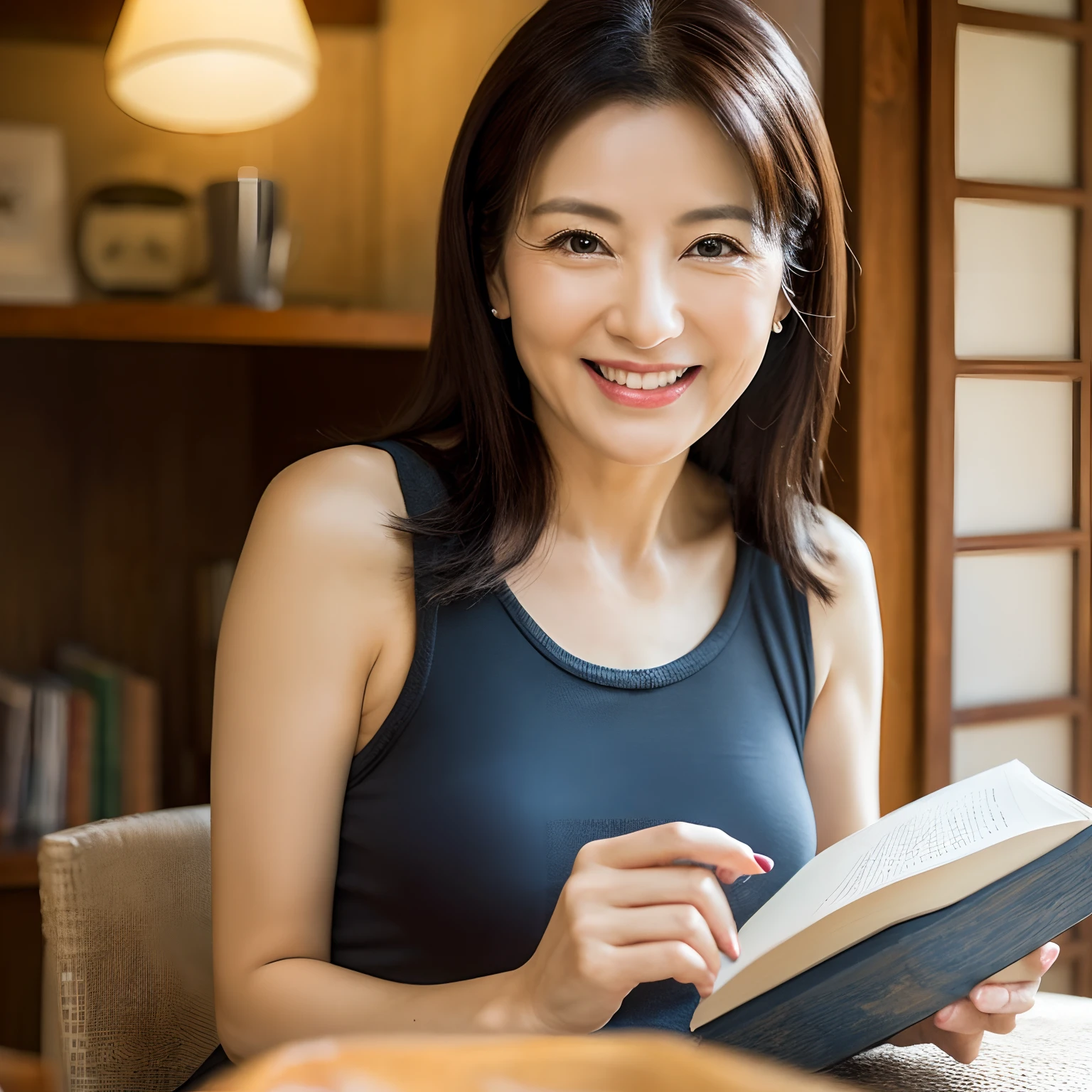 Has the bewitching look of a tank top reading a book in the study。Cute and smiling lovely young man々Mature woman in her 40s and 50s。
Big-eyed and smiling figure。
Mature woman with strong sex appeal and eroticism。
Race is Japan, Korean, or Chinese。
She looks like she's in her 30s, but she's a mature woman.。
1人。