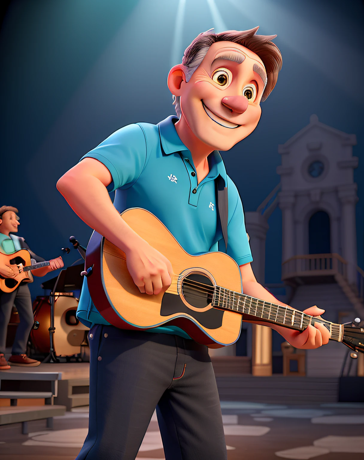 A smiling middle age man standing in front, illuminated by the light of a stage, against the lights of a stage, plays alone an acoustic guitar, wearing a blue-aqua polo and black pants and black shoes,