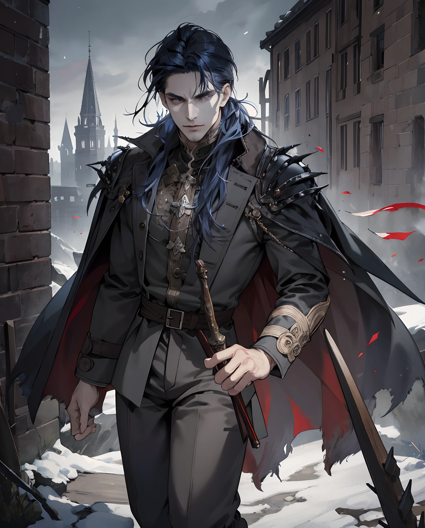 (absurd, highres, ultra detailed), 1man, mature man, intricate details, enlarged textures, intricate details, finely detailed eyes and detailed face, intricate details, dark blue hair, (closed mouth), perfect eyes, matching eyes, spiky hair, dark gray eyes, medieval Fantasy style clothing, fantasy style, medieval town, night, palid skin, full body, long dark fantasy coat, 35 years old, serious, serious eyes, pissed, intimidating, dark fantasy pants, (scars on face), fragile, thin, very intimidating eyes, mercenary clothes, thief coat, very thin, skinny, front