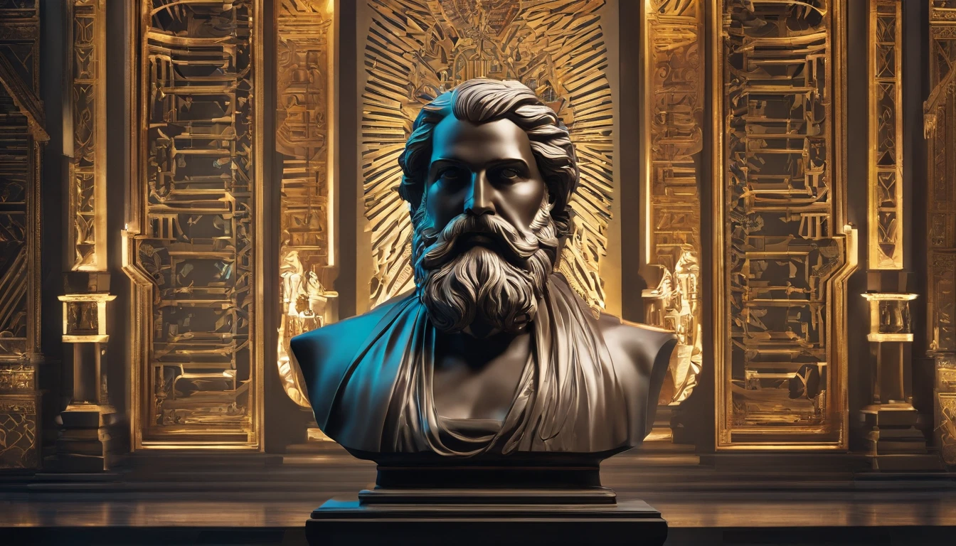 Dark Marble Sage Bust Statue with Bearded Greek Philosopher Style . atmosfera escura, alto contraste de luz e sombra, fotografia profissional, utrarealista, light volumetric, cinemactic
