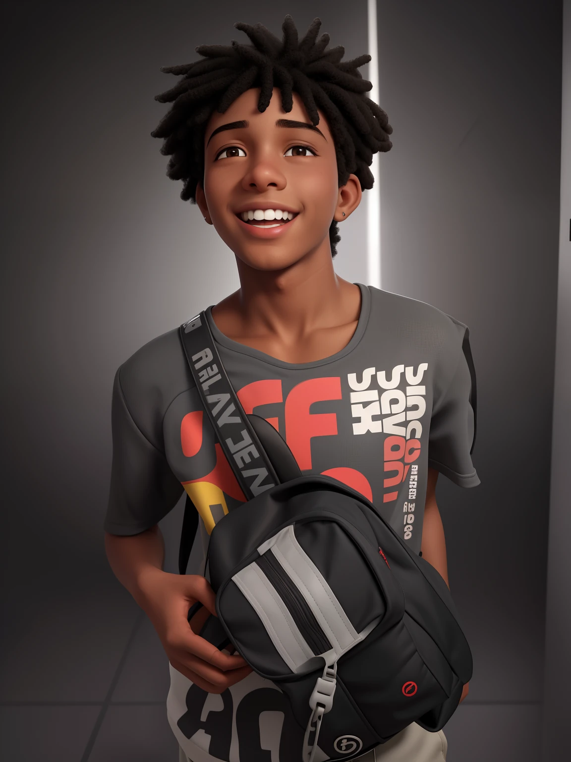 menino sorridente segurando uma mochila vermelha e uma mochila vermelha com uma faixa preta, adolescente ?????, Riyahd Cassiem, taken in the early 2020s, Arik Roper, em torno de 1 9 anos, bladee from drain gang, foto de perfil 1024px, foto do perfil, taken in the late 2010s. dark gray background and studio lighting, Yearbook pose, close-up do personagem, retrato headshot do personagem, close-up do personagem.