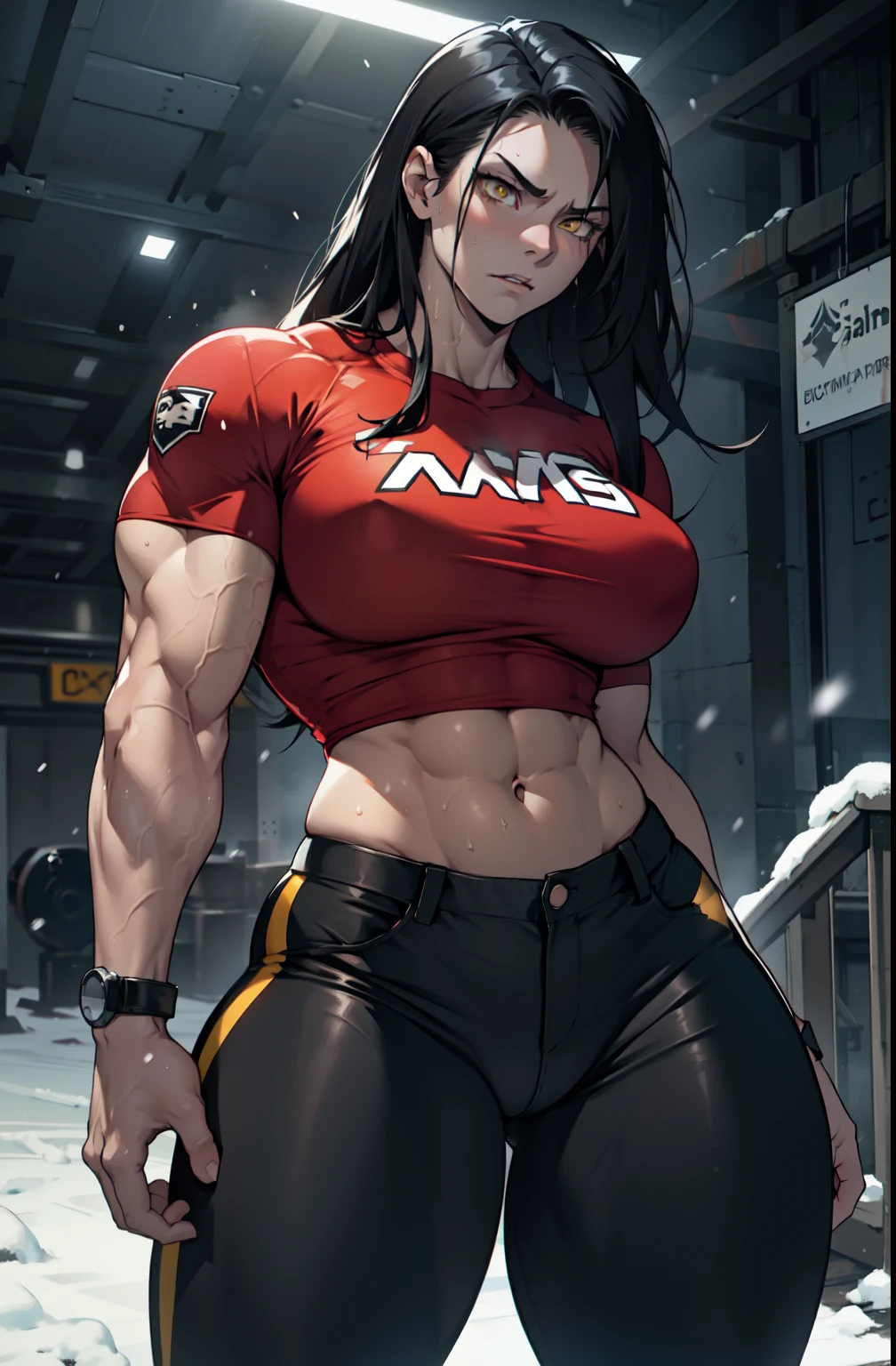 pale skin solo 1 girl black hair yellow eyes angry (very long hair sweaty) dark atmosphere (huge breasts bodybuilder toned body muscular) tight shirt tight pants curvy thick thighs wide hips snow veins