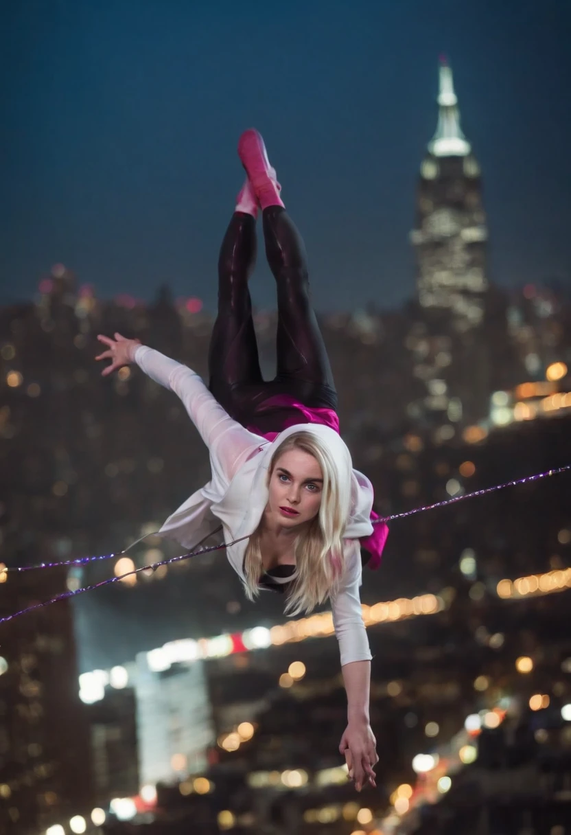 McKenna Grace as Spider Gwen, athletic, swinging via web across city, HD, highly detailed, colorful, nighttime lighting, comic book style, dynamic poses, vivid colors, cityscape, action-packed