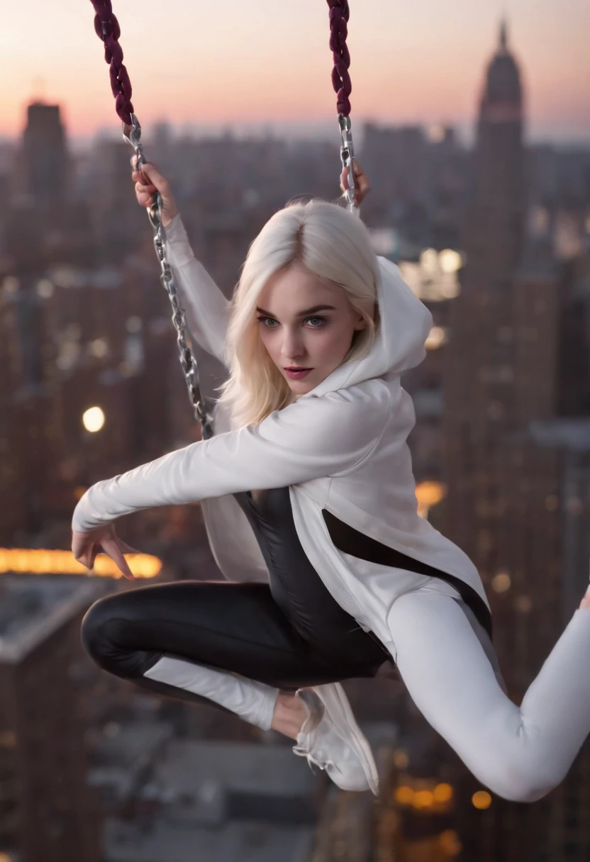 McKenna Grace as Spider Gwen, athletic, swinging via web across city, HD, highly detailed, colorful, nighttime lighting, comic book style, dynamic poses, vivid colors, cityscape, action-packed