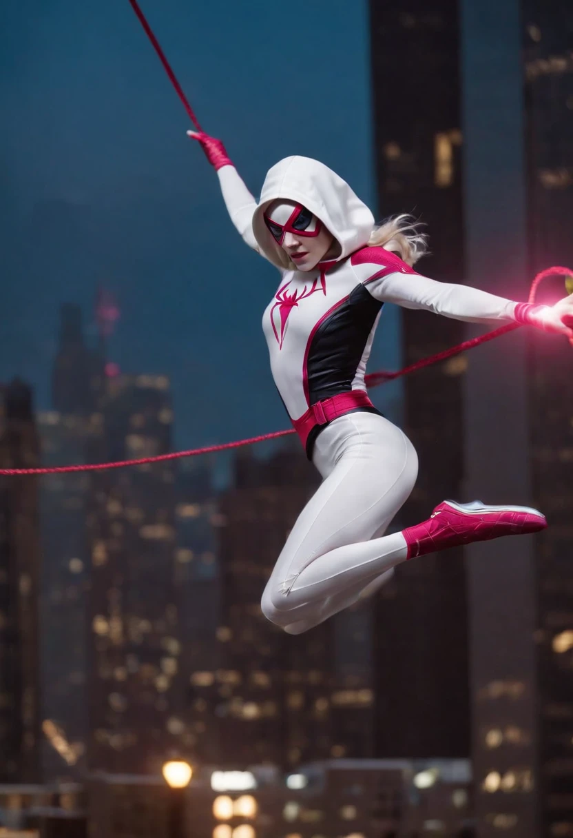 McKenna Grace as Spider Gwen, athletic, swinging via web across city, HD, highly detailed, colorful, nighttime lighting, comic book style, dynamic poses, vivid colors, cityscape, action-packed