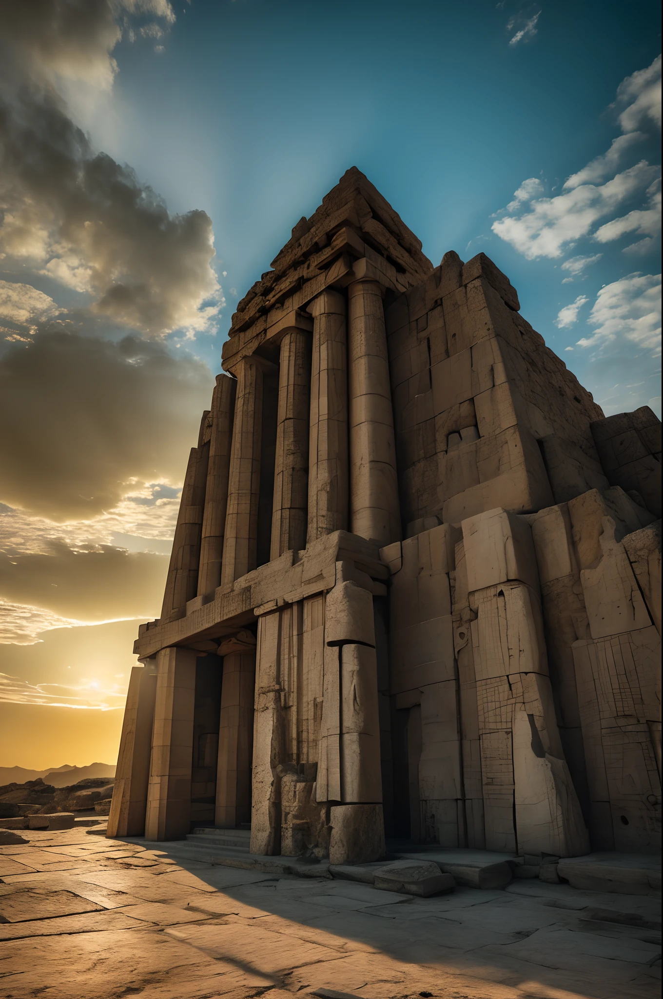 (melhor qualidade, Masterpice),(colorido hiperdetalhado), um deserto, HDR quality, Cinematic lighting, Foto Profissional, templo egipcio, detalhes na pedra,, Pharaonic Parthenon
