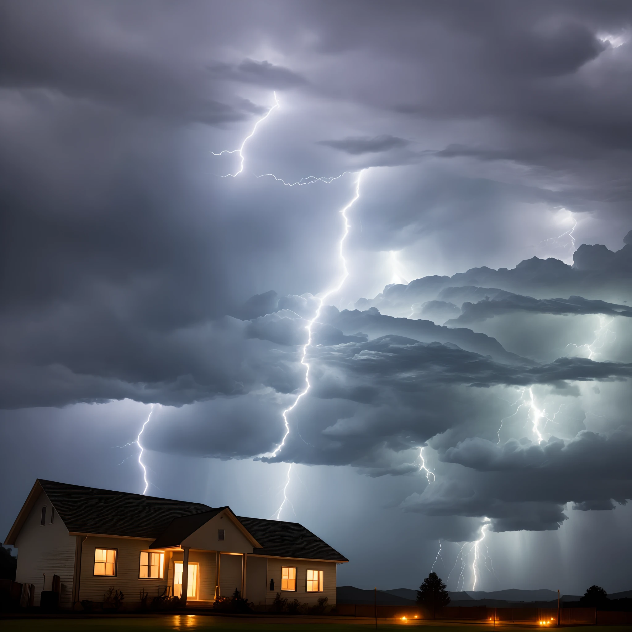 A stormy night with lightning and thunder lighting up Sarah's house.