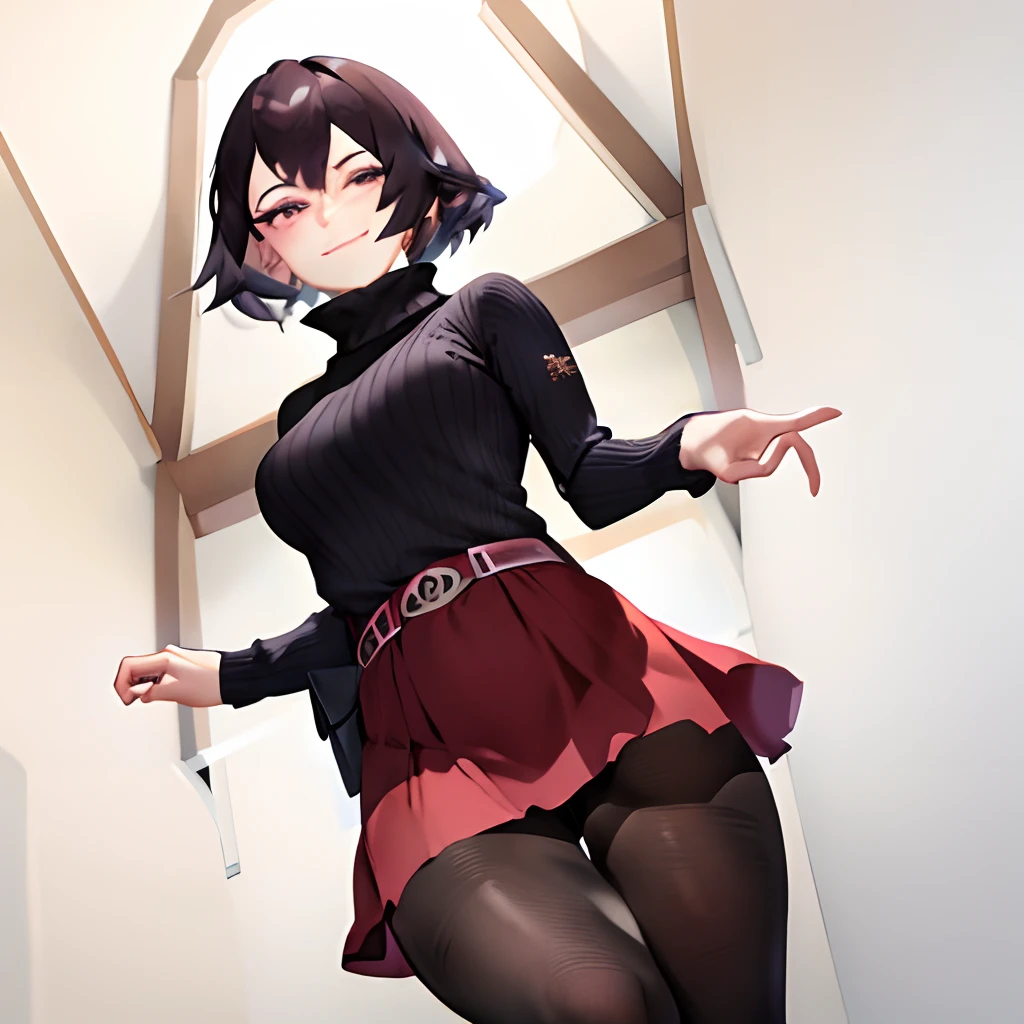 Mandalay, 1girl in, Solo, Looking at Viewer, Smile, Short hair, Skirt, Simple background, Brown hair, Long sleeves, White background, hair between eye, Brown eyes, pantyhose, Cowboy Shot, Belt bag, Sweaters, Black pantyhose, turtle neck, , Ribbed sweater, Turtleneck sweater, ((lift skirt myself))、Knitted dresses、((Show underwear))