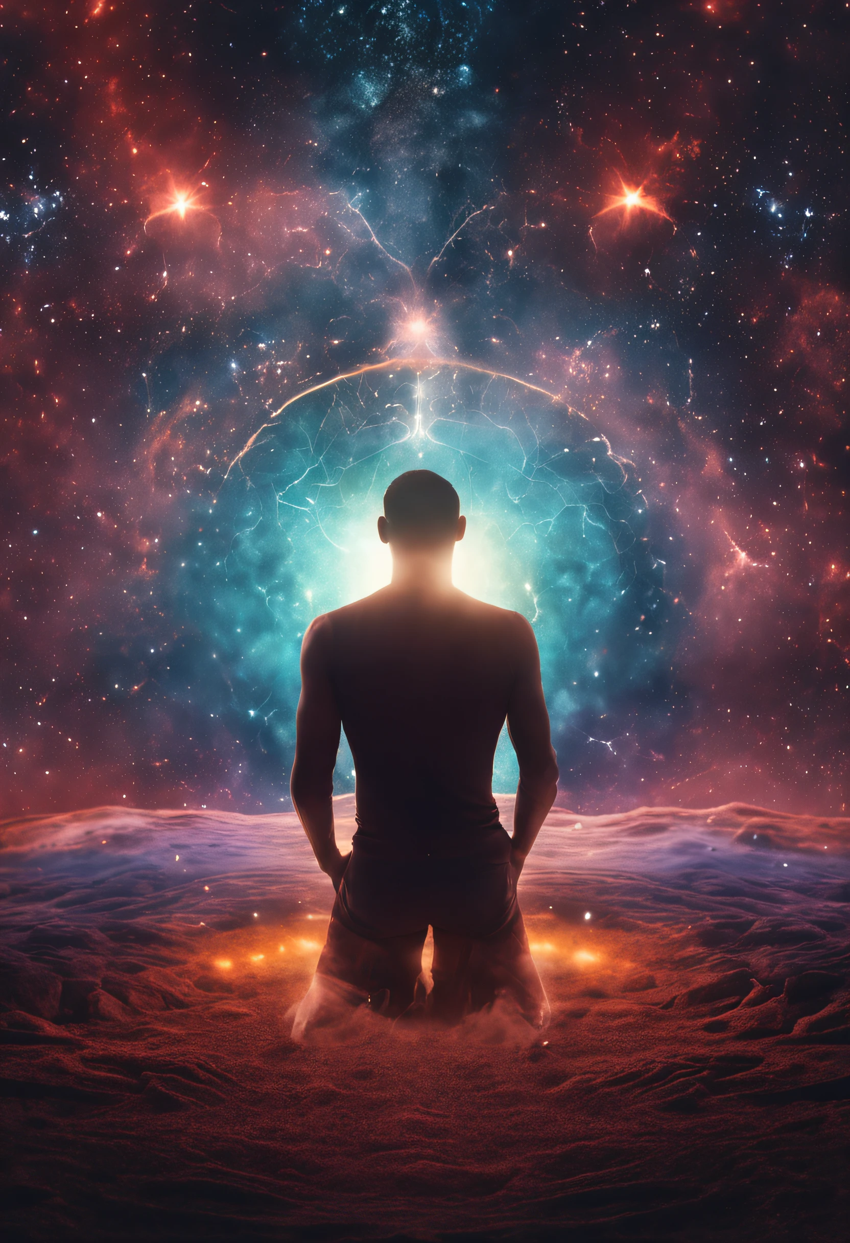 Mystical man in the middle of the universe Astral body, deep meditation, Etéric atmosphere, Aurico