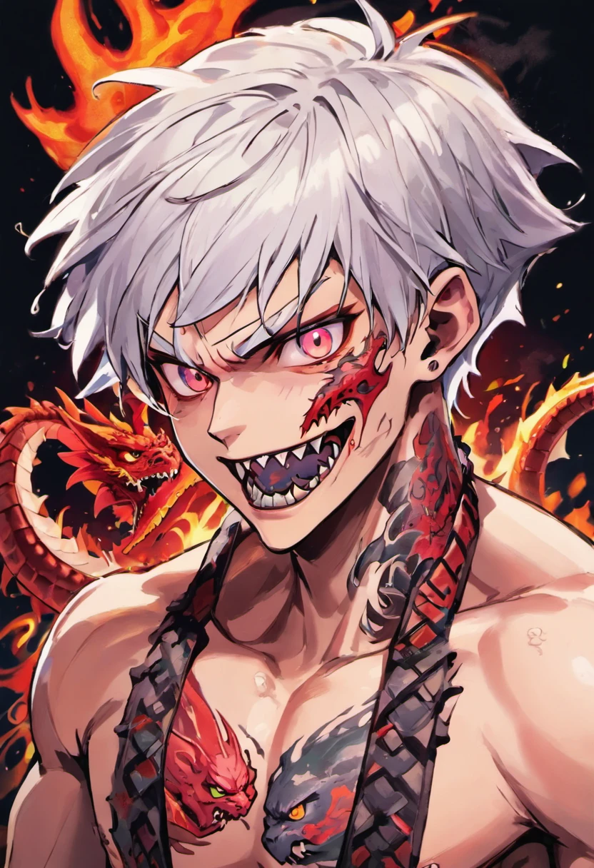  man with white hair and eyes with psychopathic face and tattoo of a dragon on his neck and a tattoo of a dragon on his face