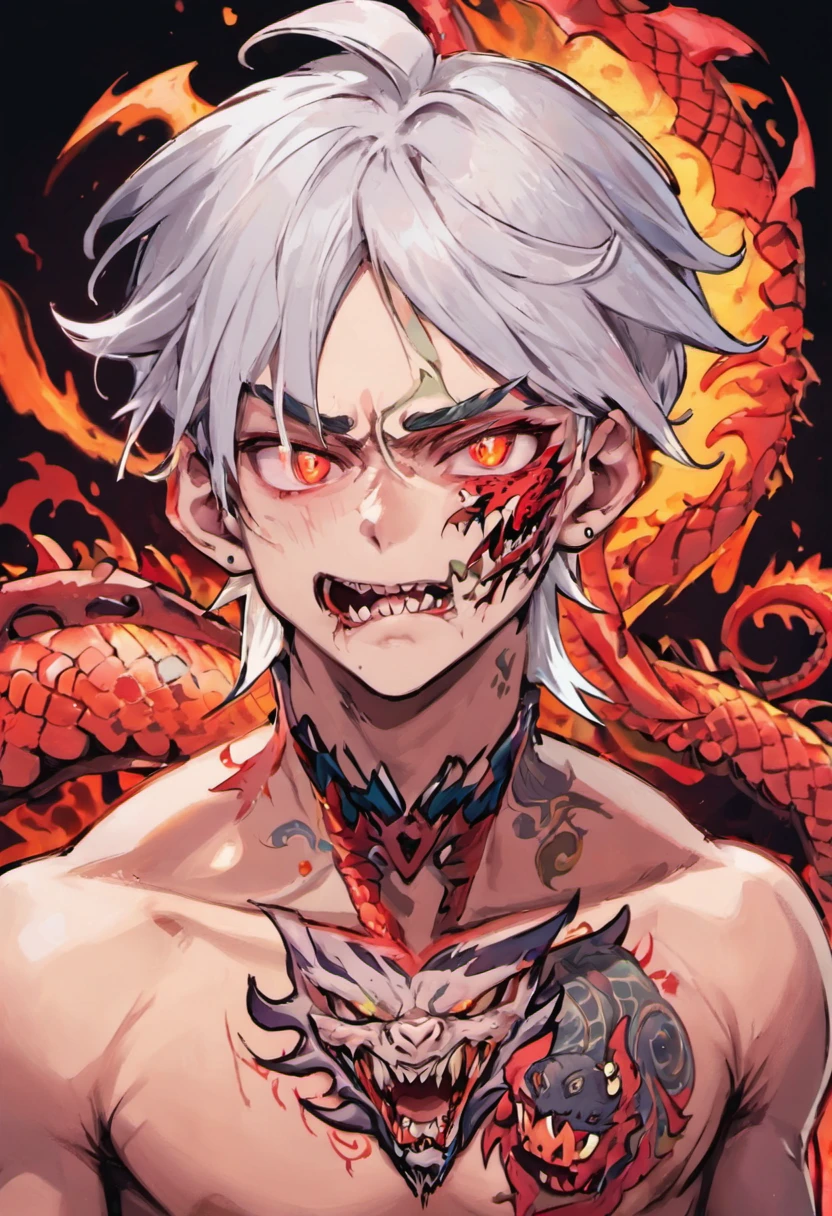 age man with white hair and eyes with psychopathic face and tattoo of a dragon on his neck and a tattoo of a dragon on his face
