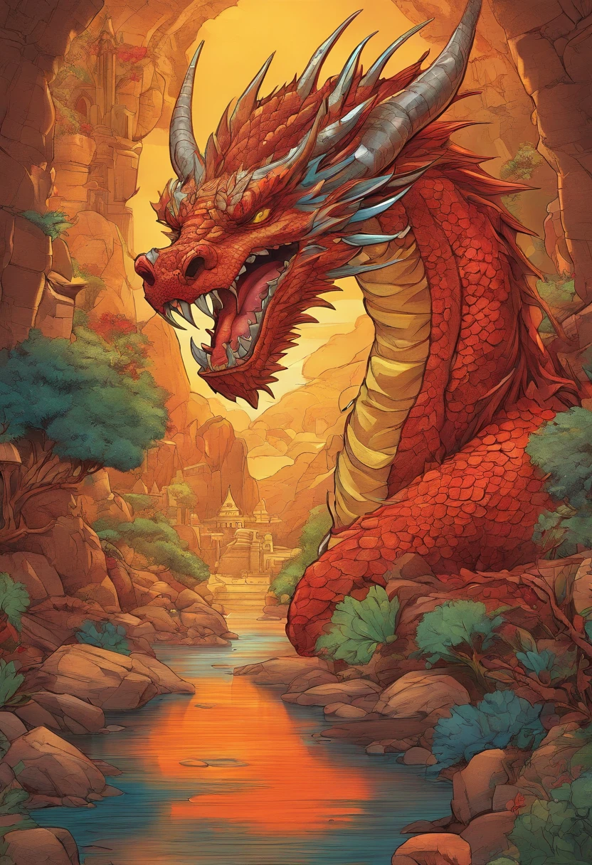 "A gigantic, morbidly obese red dragon lying on its back in a dark cave filled with an abundance of gold and treasures, with its immense soft belly colored in a pale yellow hue. The dragon's eyes gleam with a vibrant glow as its wings sprawl out, casting a shadow over the hidden riches. The cave is dimly lit, with rays of light streaming in from small openings, illuminating the dragon's massive form. The artwork should have the best quality, with ultra-detailed features, realistic rendering, and vivid colors to bring out the awe-inspiring presence of the dragon. The style should reflect a fusion of 2.5D digital art and concept artists, creating a unique and visually captivating composition."
