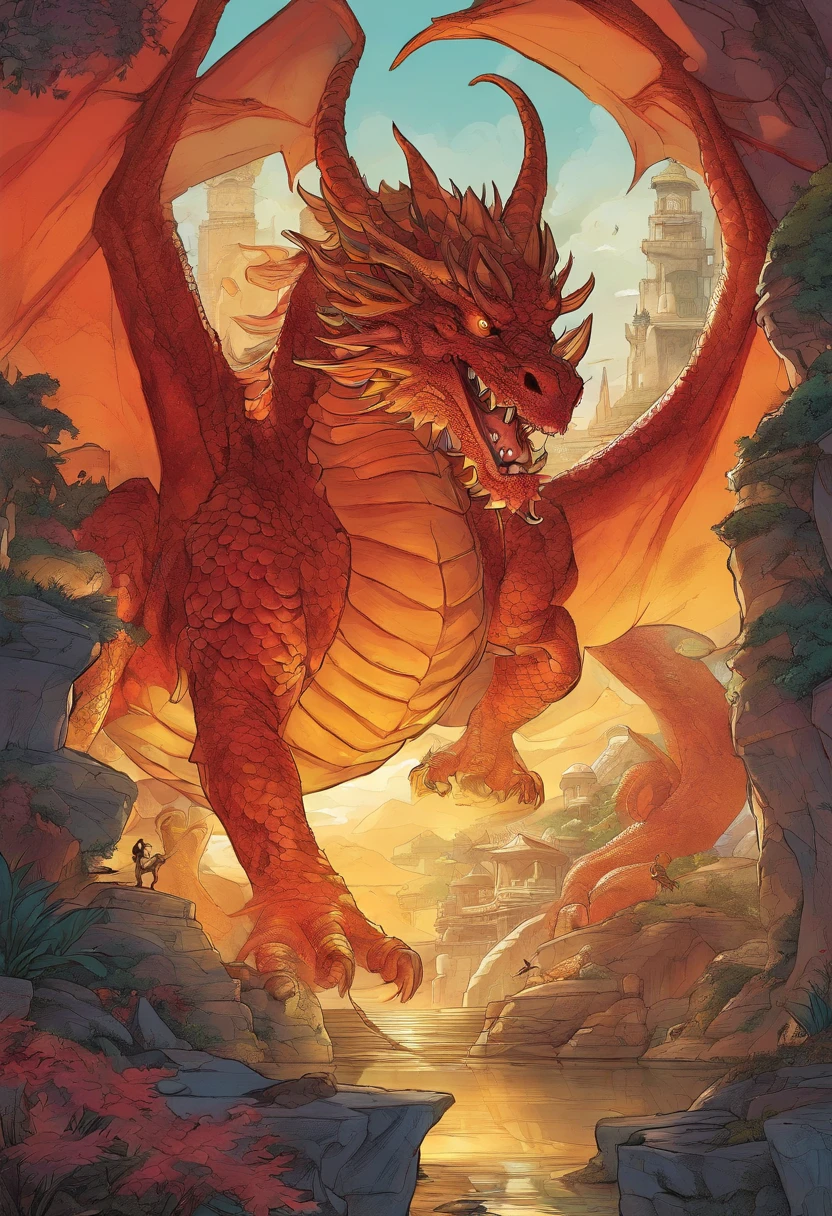 "A gigantic, morbidly obese red dragon lying on its back in a dark cave filled with an abundance of gold and treasures, with its immense soft belly colored in a pale yellow hue. The dragon's eyes gleam with a vibrant glow as its wings sprawl out, casting a shadow over the hidden riches. The cave is dimly lit, with rays of light streaming in from small openings, illuminating the dragon's massive form. The artwork should have the best quality, with ultra-detailed features, realistic rendering, and vivid colors to bring out the awe-inspiring presence of the dragon. The style should reflect a fusion of 2.5D digital art and concept artists, creating a unique and visually captivating composition."