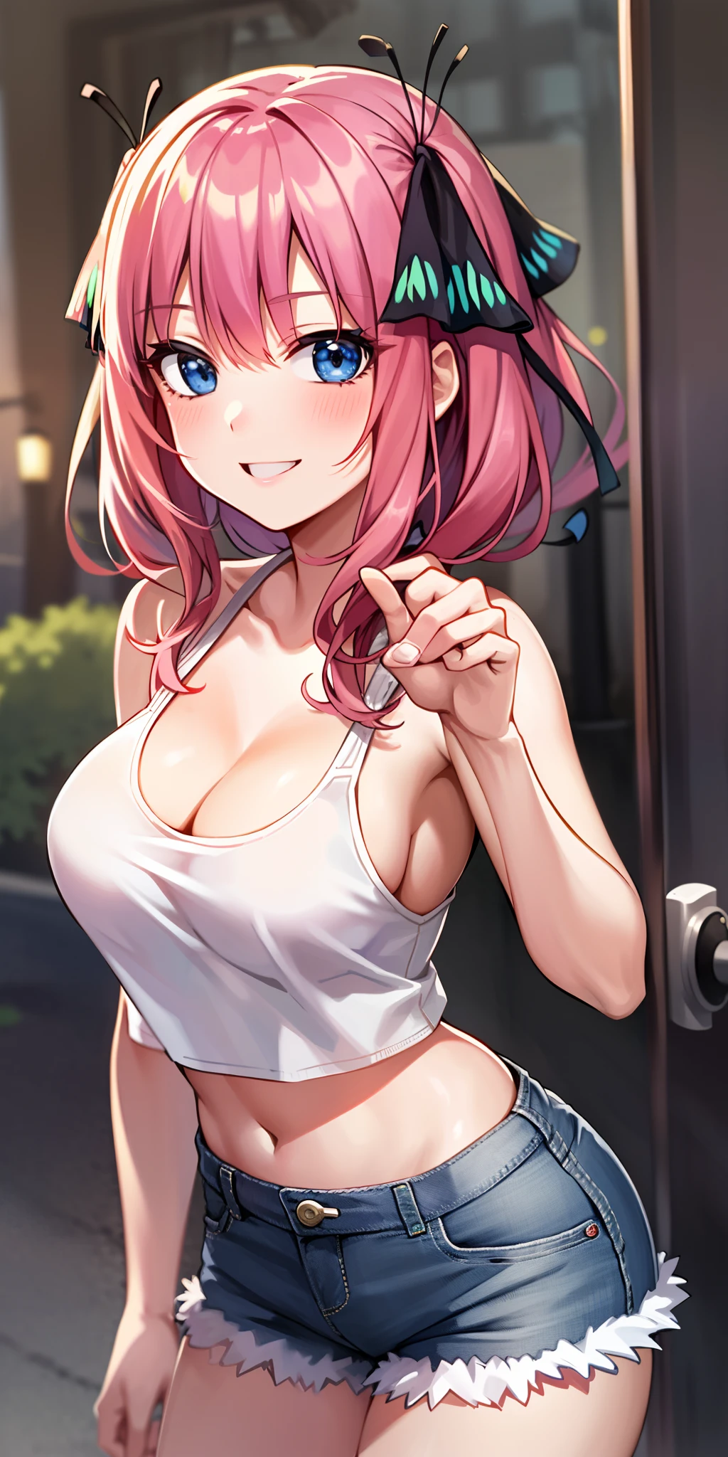 2d, masterpiece, best quality, anime, highly detailed, 1girl, solo, cowboy shot, nakano nino, pink hair, butterfly hair ornament, crop top , cleavage, Denim shorts , medium breasts, standing, school, outdoors, smile