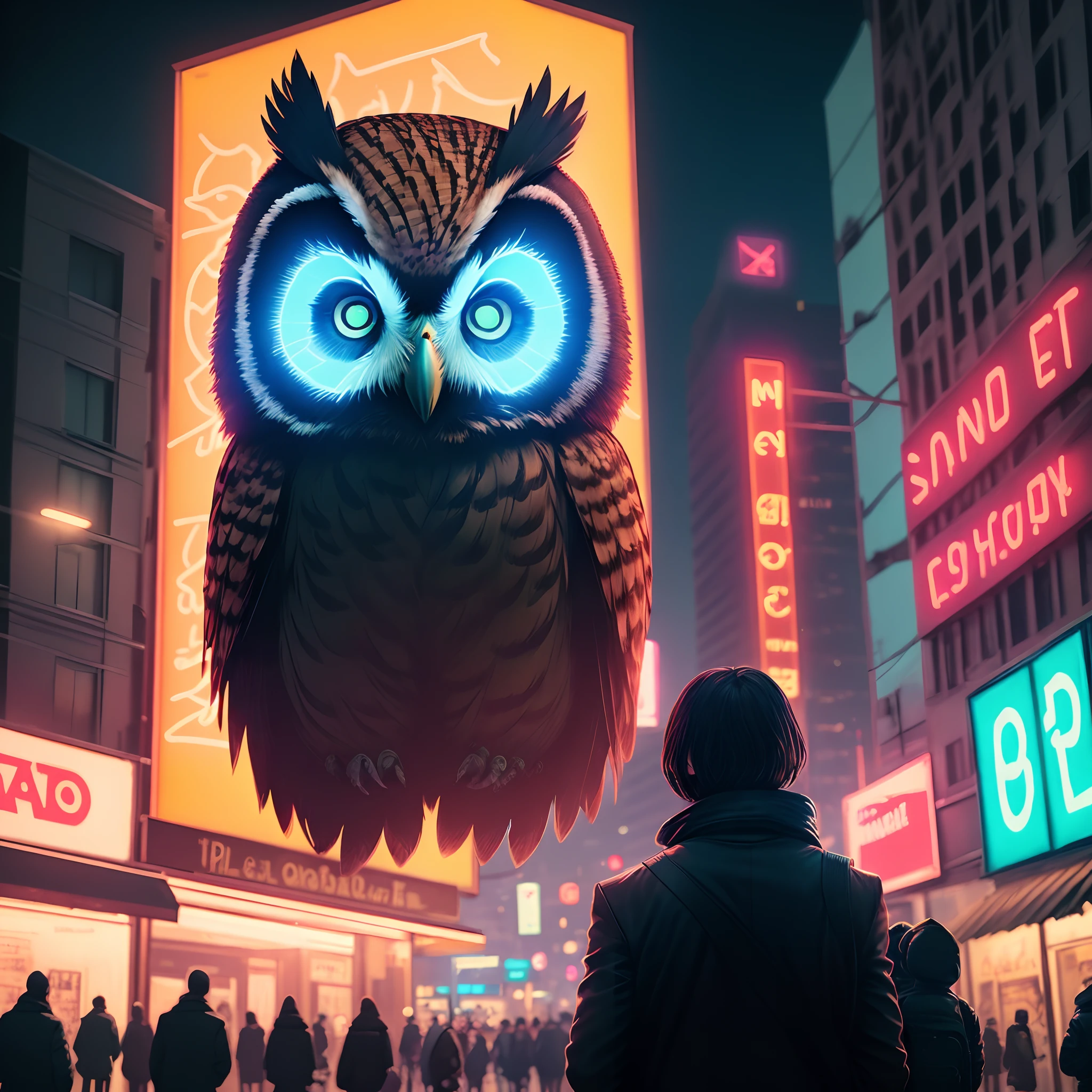 Generate a movie like scene, similar to John Wick, An owl overlooking the city during the late night hours I would like the owl to be prominent in the picture with a sign in the background that says, late night vision on the wall and bright neon lights