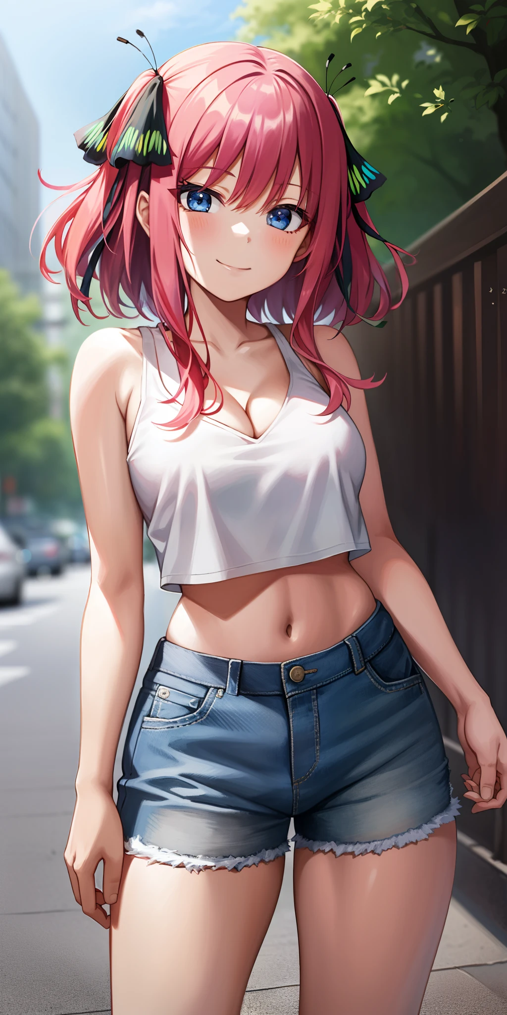 2d, masterpiece, best quality, anime, highly detailed, 1girl, solo, cowboy shot, nakano nino, pink hair, butterfly hair ornament, crop top , cleavage, Denim shorts , medium breasts, standing, school, outdoors, smile