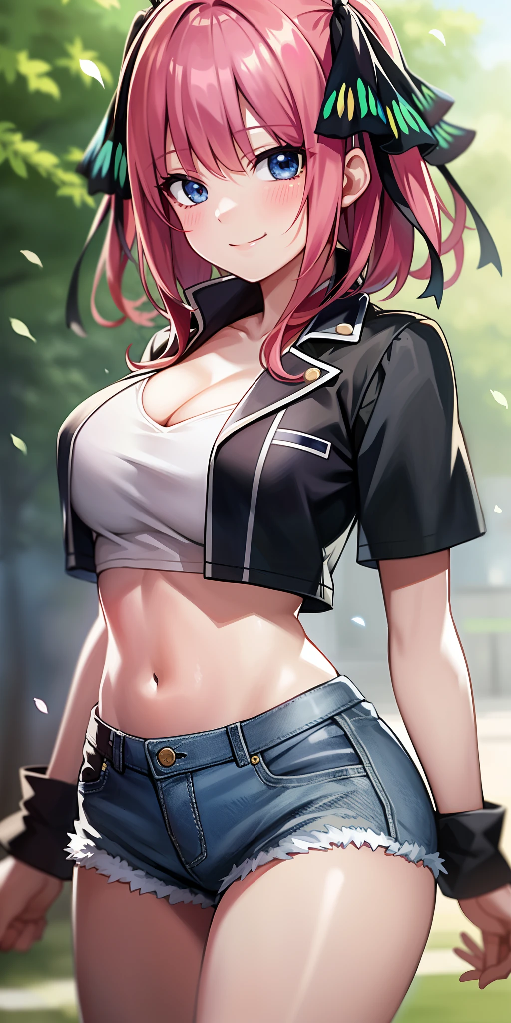 2d, masterpiece, best quality, anime, highly detailed, 1girl, solo, cowboy shot, nakano nino, pink hair, butterfly hair ornament, crop top , cleavage, Denim shorts , medium breasts, standing, school, outdoors, smile