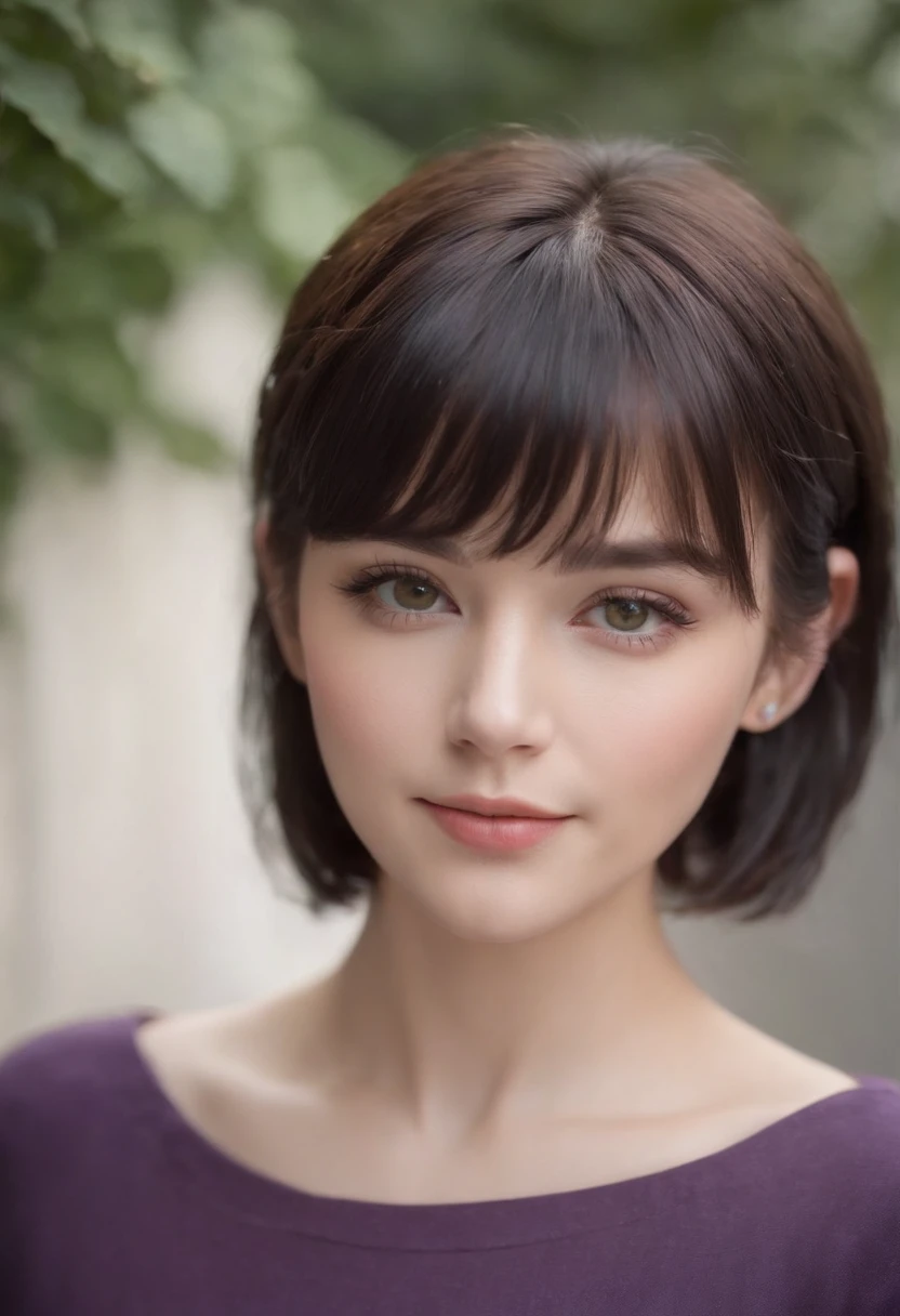 Short Black Hair, Airy Bangs, see through bangs, Hazel Eyes, brown and green eyes, Small Eyes, Upturned Eyes, cat eyes, Thin lips, pale skin, petit girl, purple and black clothing, smiling, few freckles, blonde eyebrows, purple heart stud earrings,