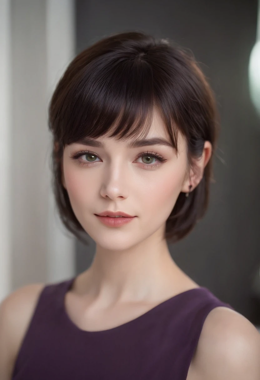 Short Black Hair, Airy Bangs, see through bangs, Hazel Eyes, brown and green eyes, Small Eyes, Upturned Eyes, cat eyes, Thin lips, pale skin, petit girl, purple and black clothing, smiling, few freckles, blonde eyebrows, purple heart stud earrings,