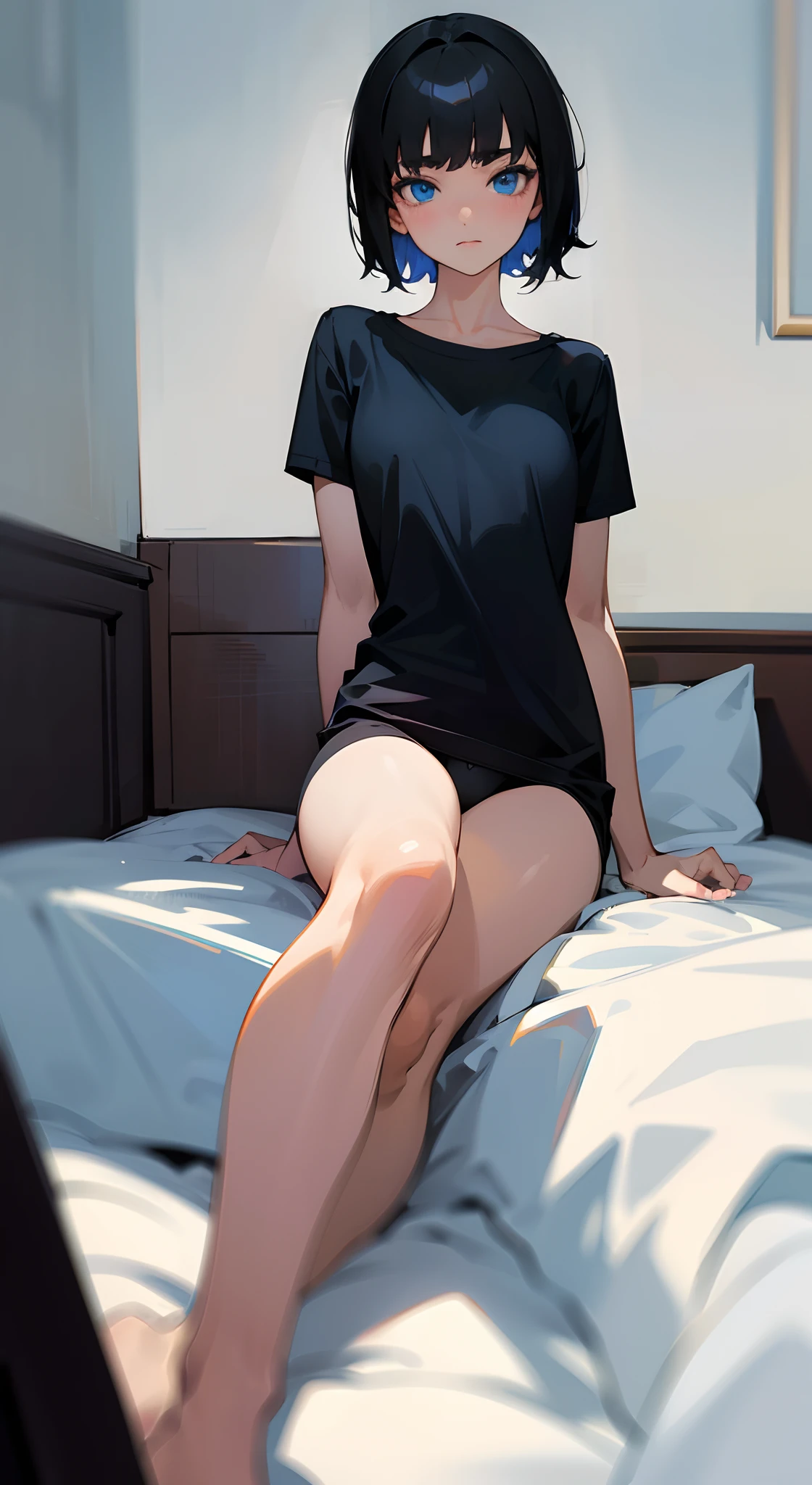1girl, short black hair, blue eyes, wearing plain black shirt, black ?????????, bedroom, absurdres, highres, ultrasharp. 8k, masterpiece, looking at viewer, foot focused