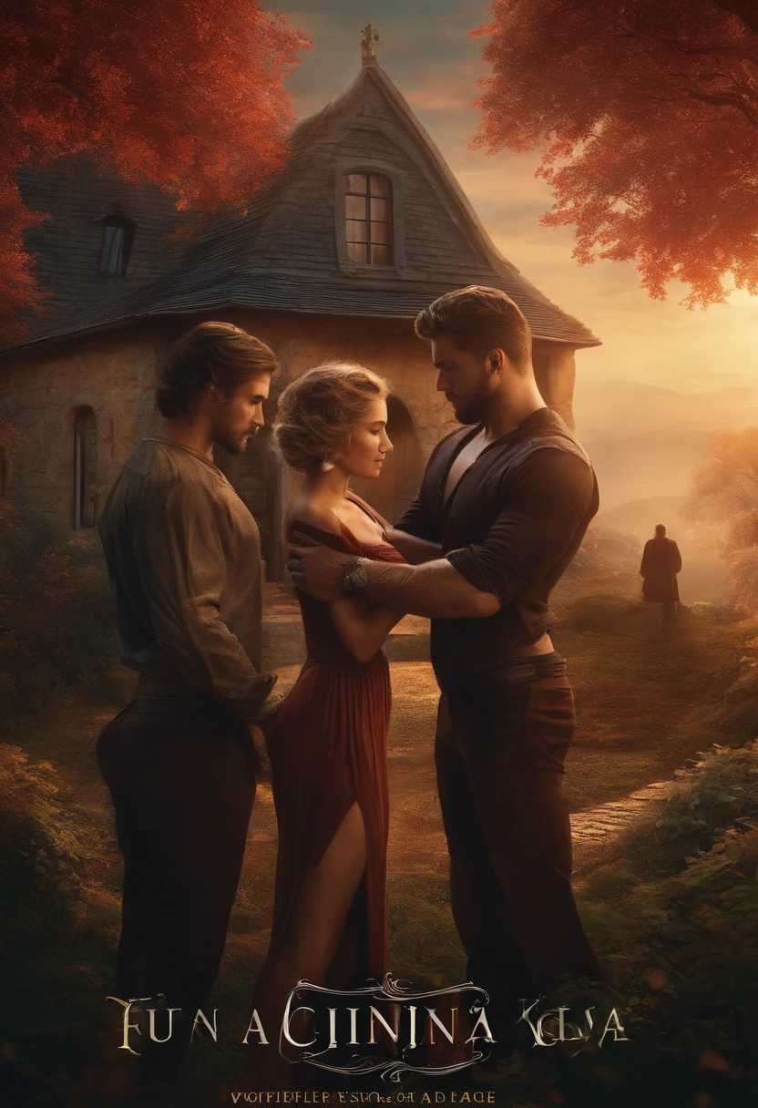Fantasy Boys, two young 22 years old brown haired handsome men wearing suspenders pants with no shirt and a full body blonde princess in a castle