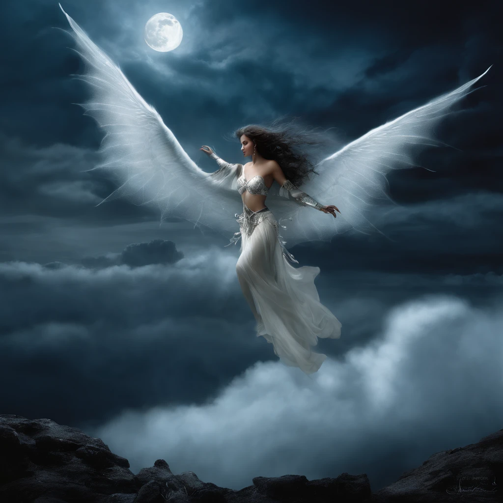 ((best quality)), ((masterpiece)), (detailed), alluring succubus, ethereal beauty, perched on a cloud, (fantasy illustration:1.3), enchanting gaze, captivating pose, delicate wings, otherworldly charm, mystical sky, (Luis Royo:1.2), (Yoshitaka Amano:1.1), moonlit night, soft colors, (detailed cloudscape:1.3), (high-resolution:1.2)