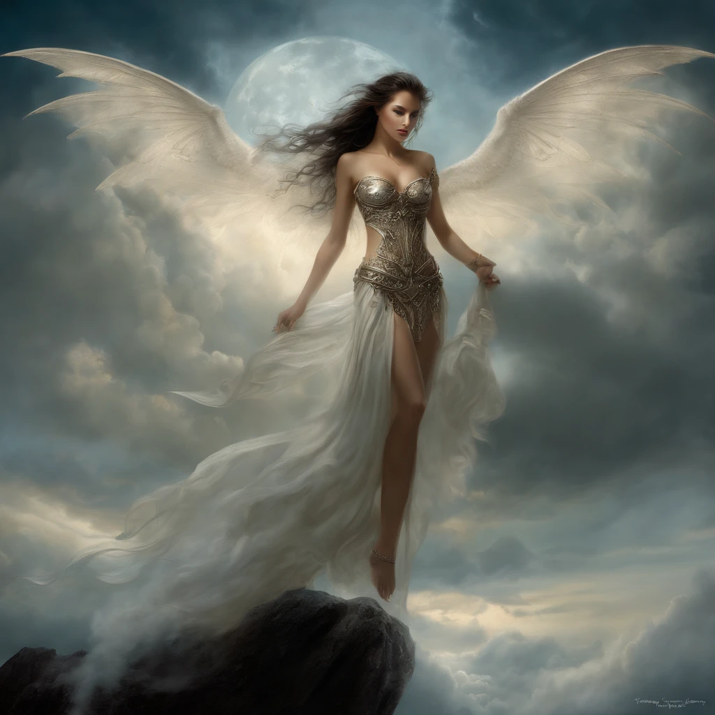 ((best quality)), ((first work)), (detailed), ((NEW)), Alluring Succubus, Ethereal Beauty, Perched on a Cloud, (Fantasy Illustration: 1.3), Charming Appearance, Captivating Pose, delicate wings, Supernatural charm, mystical sky, (Luis Royo:1.2), (Yoshitaka Amano:1.1), Moonlight night, Soft colors, (Detailed cloud panorama:1.3), (High resolution:1.2)