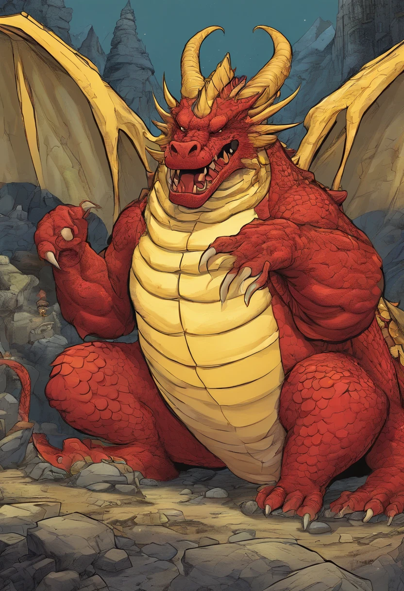 Super huge super-obese red giant dragon 
Super huge soft light yellow belly with a large amount of subcutaneous fat stored  
Lying on his back in a dark cave full of gold and silver treasures
Digital Art