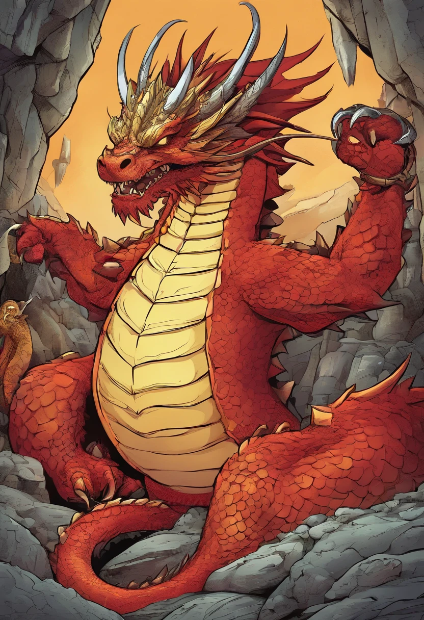 Super huge super-obese red giant dragon 
Super huge soft light yellow belly with a large amount of subcutaneous fat stored  
Lying on his back in a dark cave full of gold and silver treasures
Digital Art