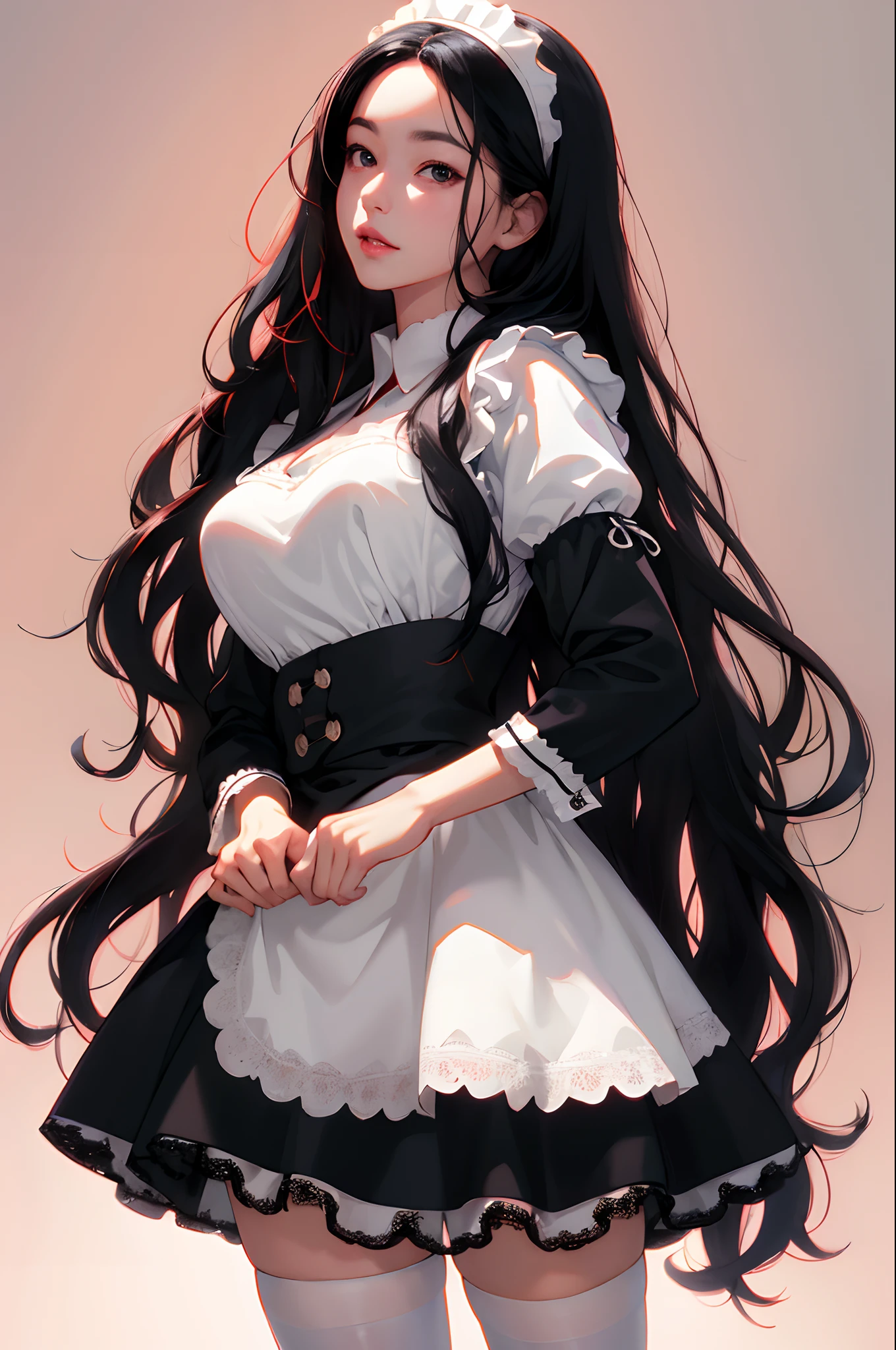 maid clothes Long Black Hair FULL BODYSHOT White lace headband White lace apron White garter stockings No bangs Wavy Hair Bangs center parting Beautiful facial features Frontal shot Full-body image 8K picture quality、top-quality、masutepiece,white stockings,white backgrounid,Long Black Hair,Wavy Hair,Large breasts,Front-facing,An ultra-high picture quality、ultra - detailed、Ultra-realistic hair quality、Vibrant colors,Sweaty forehead and cheeks、soft pink lips、Red cheeks、full body Esbian、9 head、8K picture quality、top-quality、masutepiece,white stockings,white backgrounid,((maid clothes)),Long Black Hair,Wavy Hair、Unclear,Front-facing,An ultra-high picture quality、ultra - detailed、Ultra-realistic hair quality、Vibrant colors,Sweaty forehead and cheeks、soft pink lips、Red cheeks、full body Esbian、9 head body white backgrounid anime image Black miniskirt White lace apron