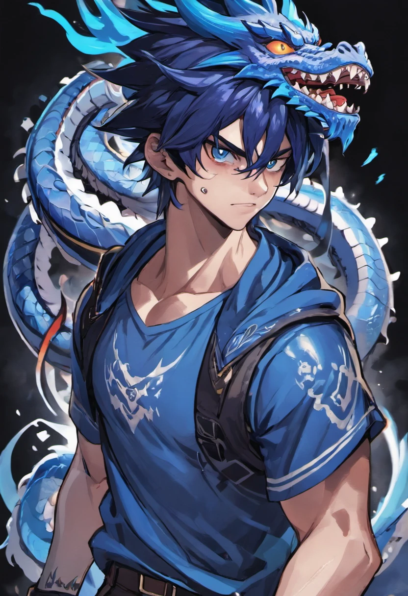 Adolescente homem psicopata com cabelos longos brancos e olhos brancos, with a blue dragon tattoo on his neck running down to his forehead