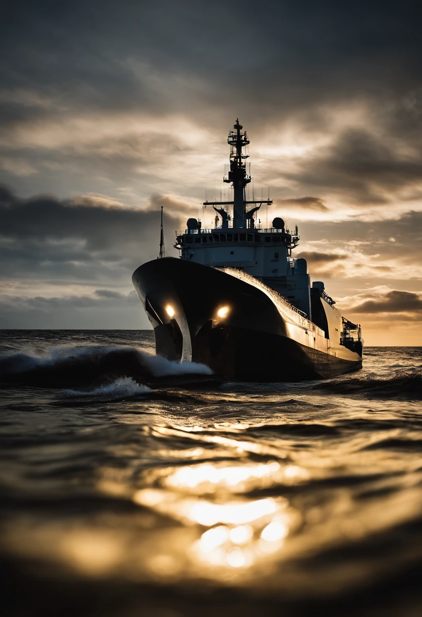 Cinematic photo business card design for 'KB Engineering'. The left half of the card portrays a dramatic marine scene at dusk with a ship silhouette, emphasizing the importance of marine engineering. The ship is surrounded by subtle vibration waves. The right half of the card in contrast is darker, highlighting the 3D ship logo from the fourth image with spotlights. The company name, 'KB Engineering', is written in bold, gold letters with space below for contact details. The catchphrase 'Precision Vibration Analysis' is illuminated at the bottom right corner.