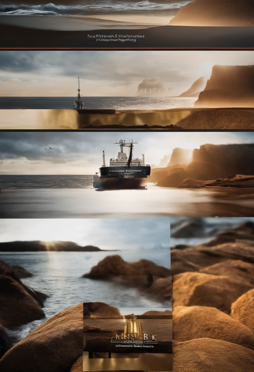 Cinematic photo business card design for 'KB Engineering'. The left half of the card portrays a dramatic marine scene at dusk with a ship silhouette, emphasizing the importance of marine engineering. The ship is surrounded by subtle vibration waves. The right half of the card in contrast is darker, highlighting the 3D ship logo from the fourth image with spotlights. The company name, 'KB Engineering', is written in bold, gold letters with space below for contact details. The catchphrase 'Precision Vibration Analysis' is illuminated at the bottom right corner.