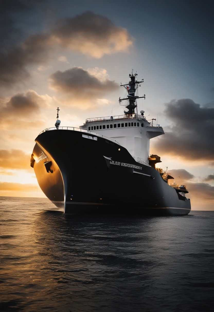 Cinematic photo business card design for 'KB Engineering'. The left half of the card portrays a dramatic marine scene at dusk with a ship silhouette, emphasizing the importance of marine engineering. The ship is surrounded by subtle vibration waves. The right half of the card in contrast is darker, highlighting the 3D ship logo from the fourth image with spotlights. The company name, 'KB Engineering', is written in bold, gold letters with space below for contact details. The catchphrase 'Precision Vibration Analysis' is illuminated at the bottom right corner.