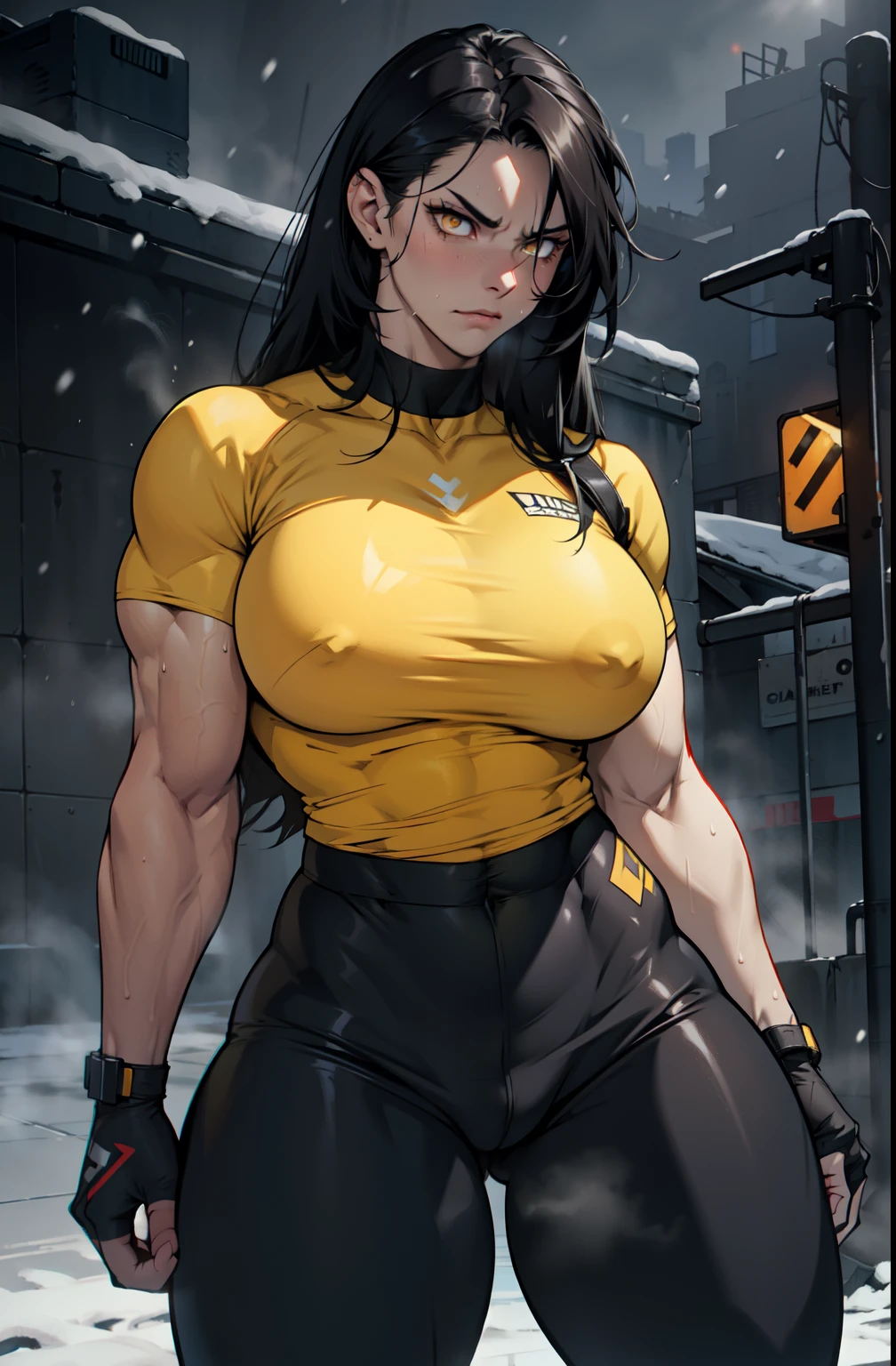 close up pale skin solo 1 girl black hair yellow eyes angry (very long hair sweaty) dark atmosphere (huge breasts bodybuilder toned body muscular) tight shirt tight pants curvy thick thighs wide hips snow veins foggy steam concrete