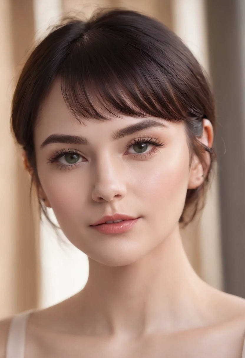 Short Black Hair, Airy Bangs, see through bangs, Hazel Eyes, brown and green eyes, Small Eyes, Upturned Eyes, cat eyes, Thin lips, pale skin, petit girl, purple and black clothing, smiling, few freckles, blonde eyebrows, purple heart stud earrings, sharp jawline, heart shaped face, square shaped face, light bangs, thin eyebrows, no eyeliner, no makeup, imperfect skin, no lipstick, black choker necklace